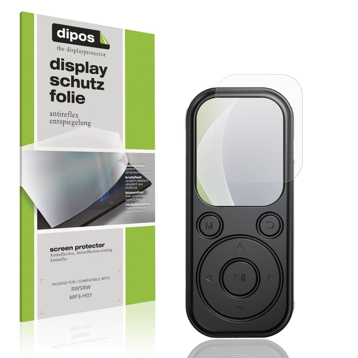 Matte Displayschutzfolie von dipos passend für RWSRW MP3-H01, präziser Zuschnitt und blasenfrei montiert