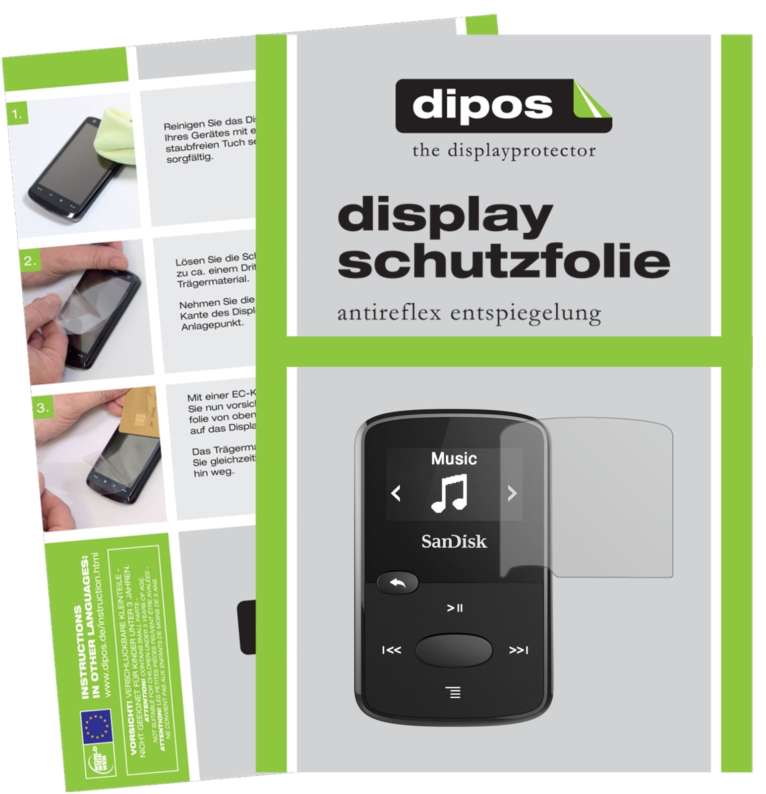 Matte Displayschutzfolie von dipos passend für SanDisk Clip Jam, präziser Zuschnitt und blasenfrei montiert