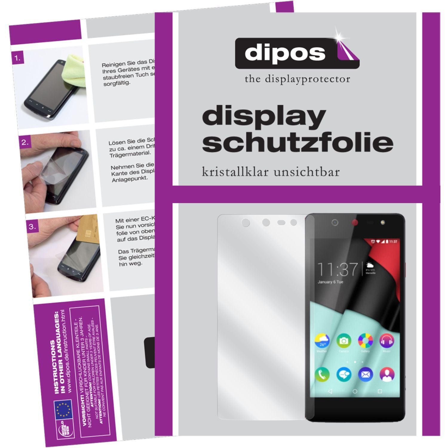 Klare Displayschutzfolie von dipos passend für Selfie Wiko, präziser Zuschnitt und blasenfrei montiert