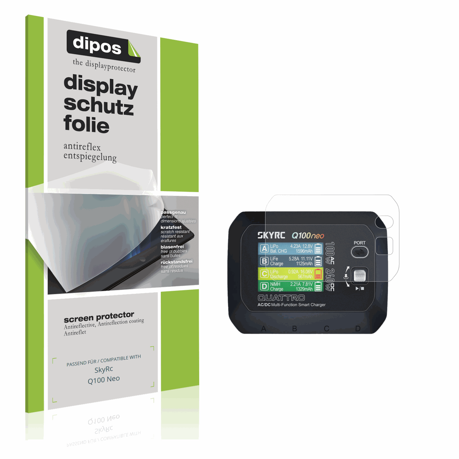 Matte Displayschutzfolie von dipos passend für SkyRc Q100 Neo, präziser Zuschnitt und blasenfrei montiert