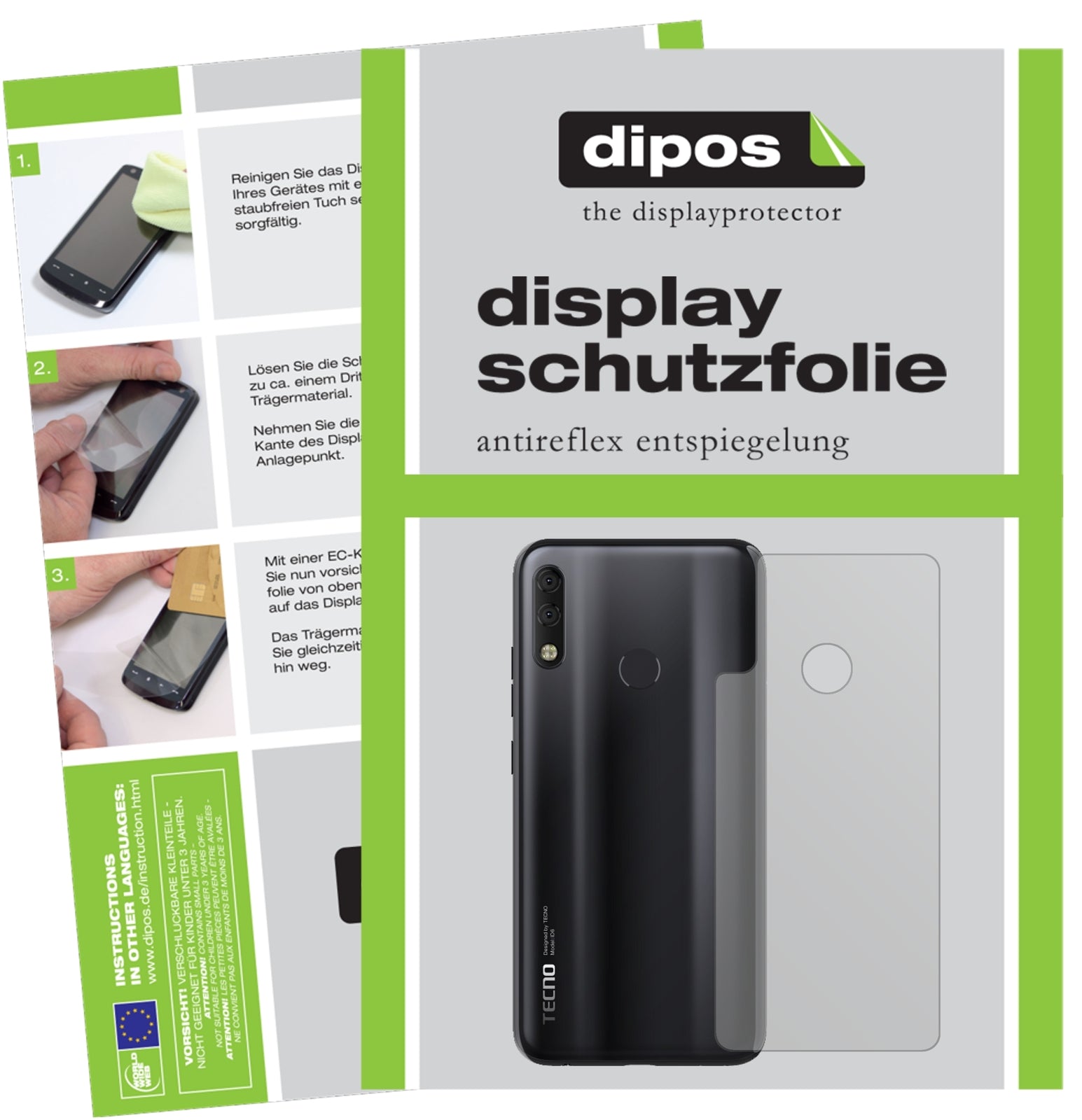 Matte Displayschutzfolie von dipos passend für Tecno Camon 11 Pro Rückseite, präziser Zuschnitt und blasenfrei montiert