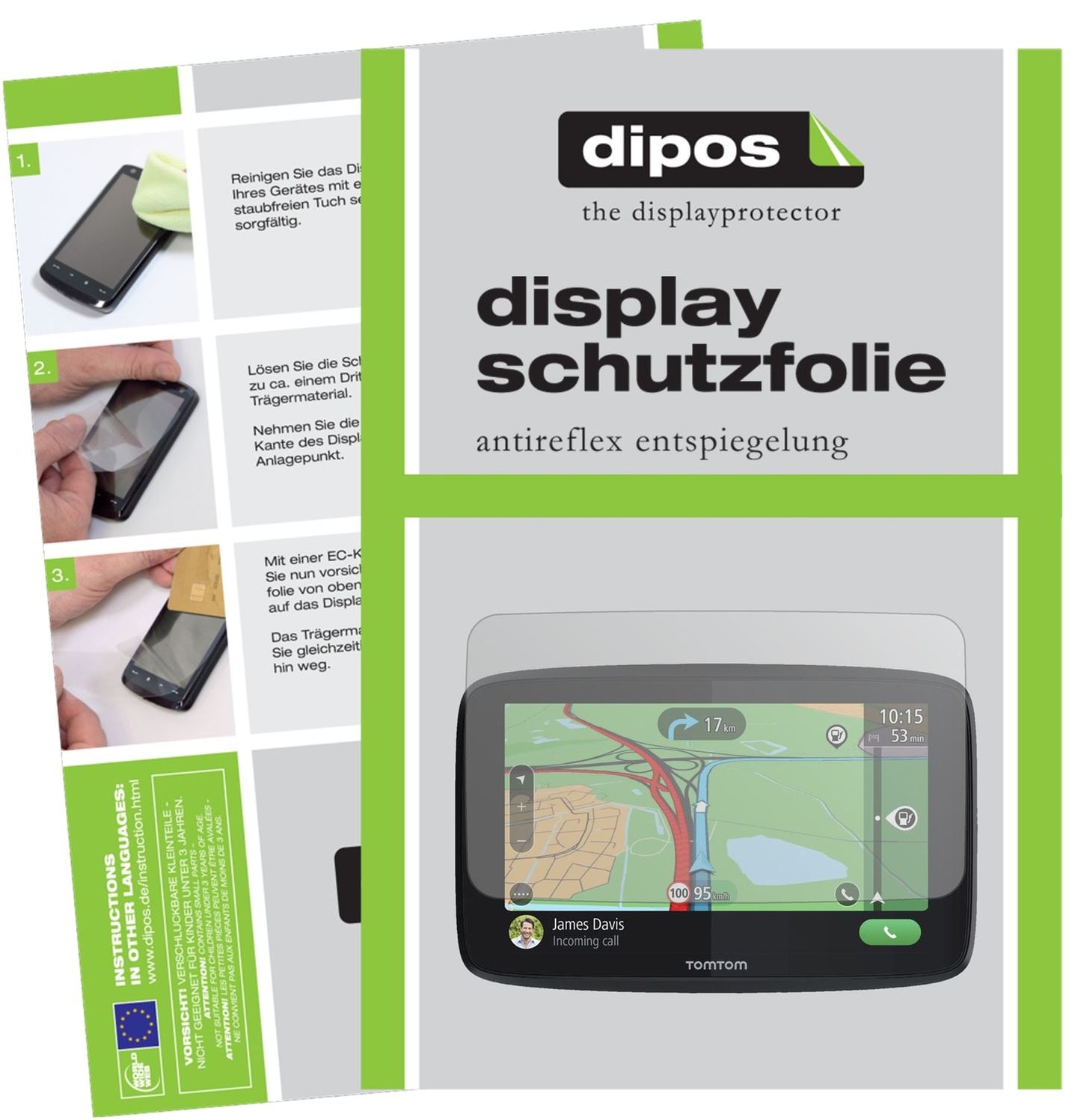TomTomGO Essential 6 mit aufgebrachter dipos Displayschutzfolie, die lästige Fingerabdrücke minimiert
