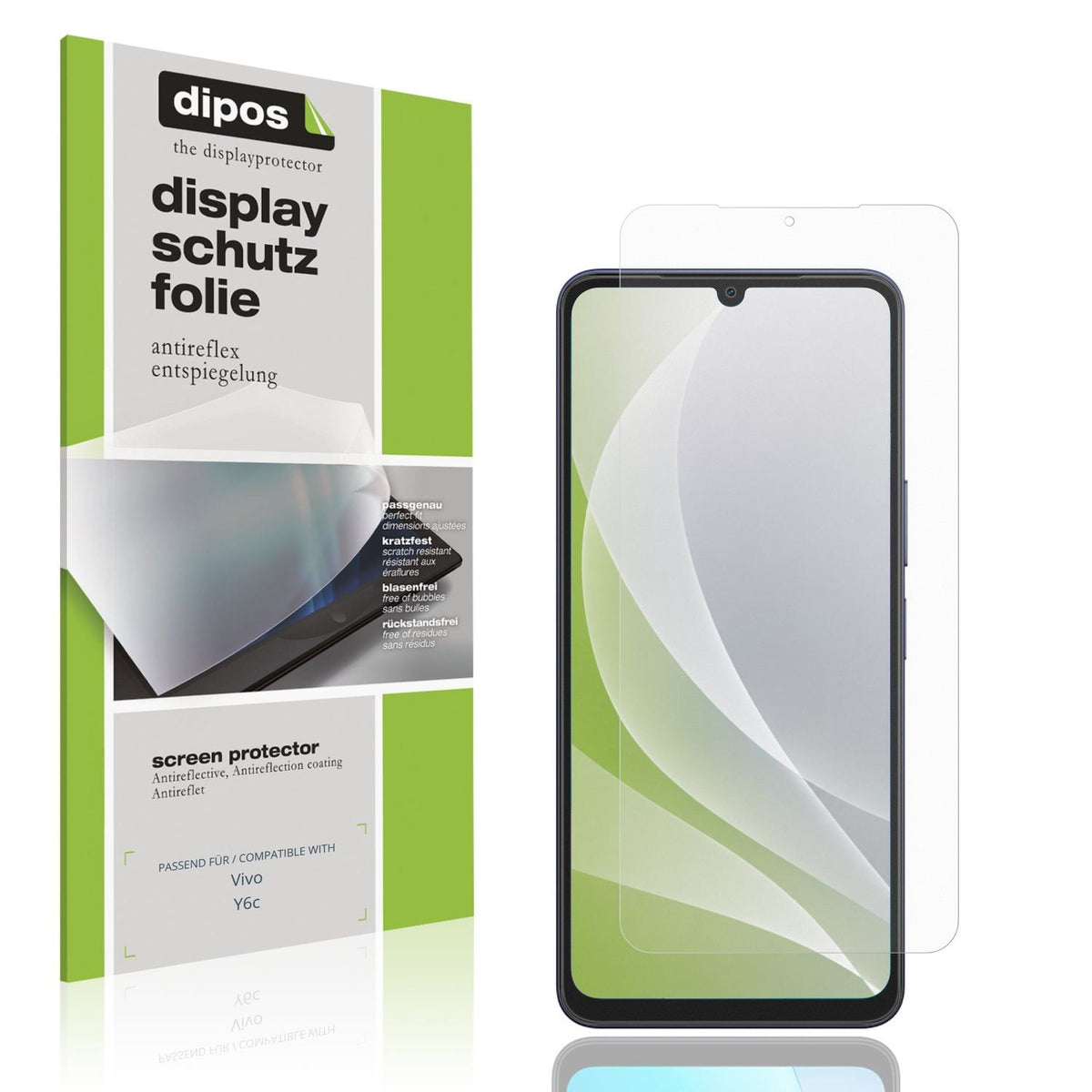 Matte Displayschutzfolie von dipos passend für Vivo Y6c, präziser Zuschnitt und blasenfrei montiert