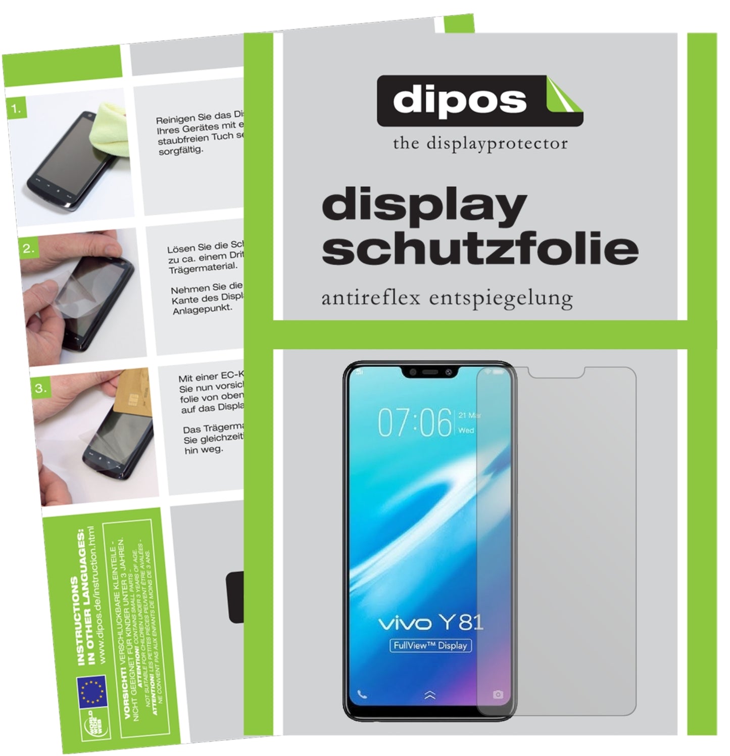 Matte Displayschutzfolie von dipos passend für Vivo Y81, präziser Zuschnitt und blasenfrei montiert