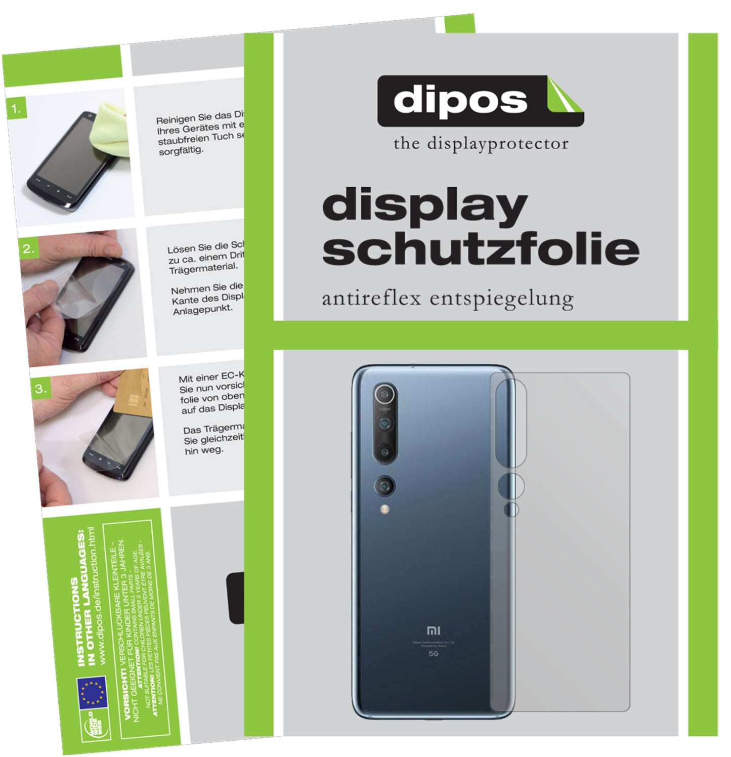 Matte Displayschutzfolie von dipos passend für Xiaomi Mi 10 Pro Rückseite, präziser Zuschnitt und blasenfrei montiert