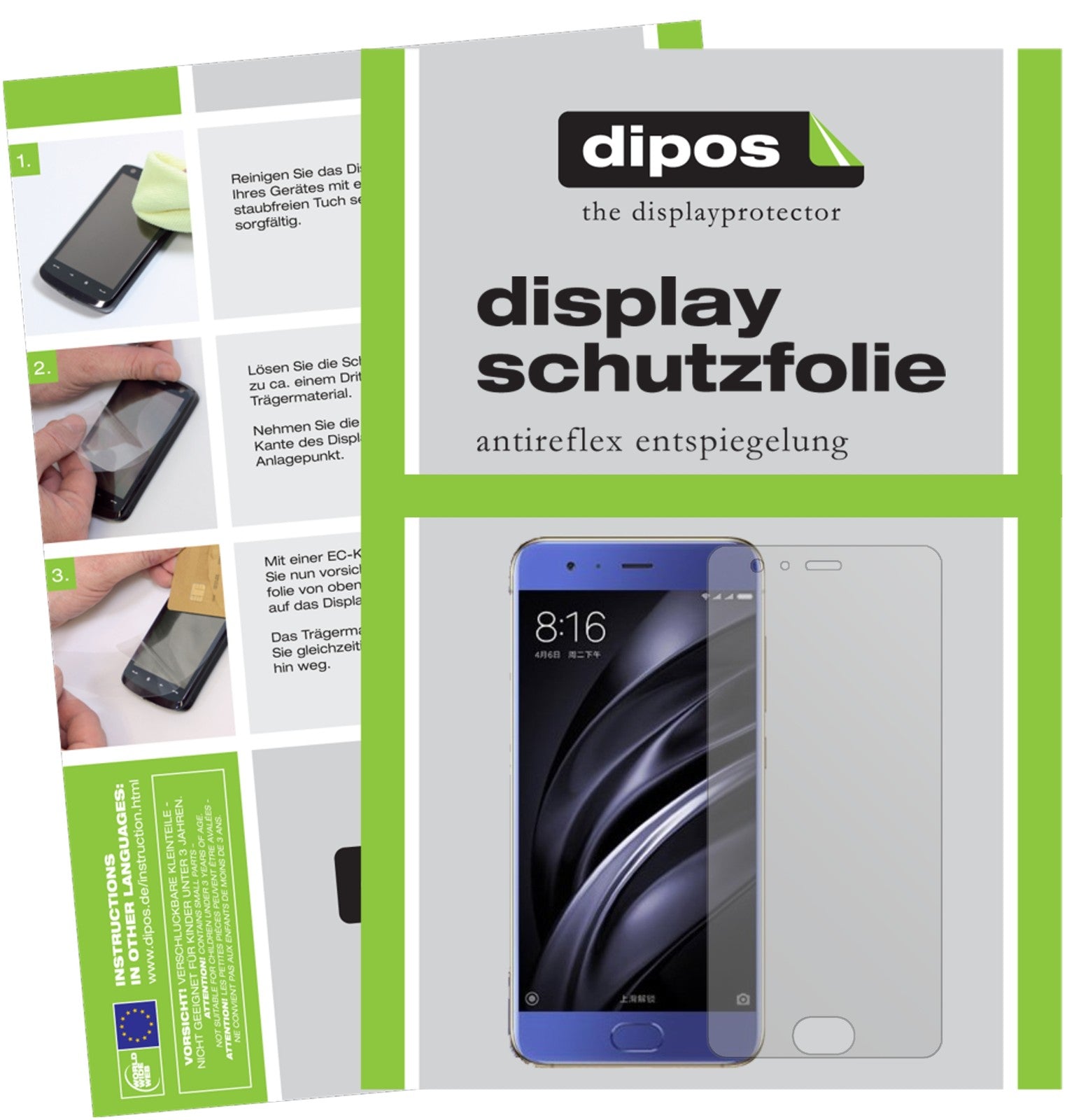 Matte Displayschutzfolie von dipos passend für Xiaomi Mi6, präziser Zuschnitt und blasenfrei montiert