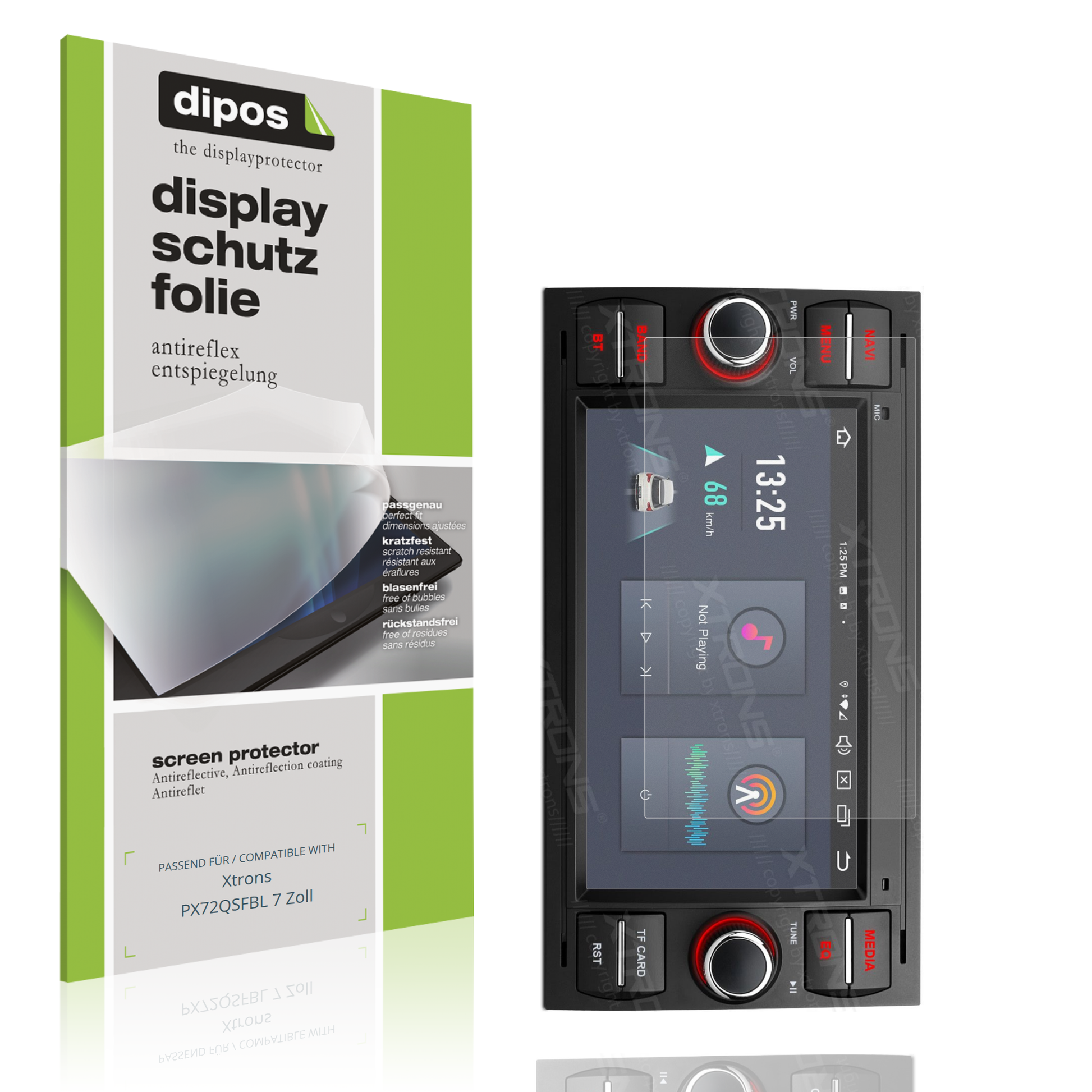 Matte Displayschutzfolie von dipos passend für Xtrons PX72QSFBL 7 Zoll, präziser Zuschnitt und blasenfrei montiert