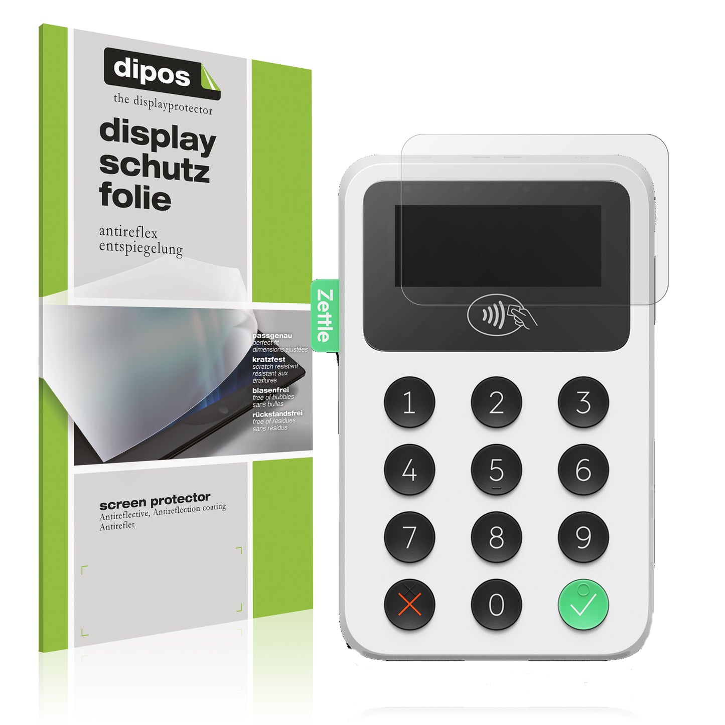 Matte Displayschutzfolie von dipos passend für Zettle Reader 2, präziser Zuschnitt und blasenfrei montiert