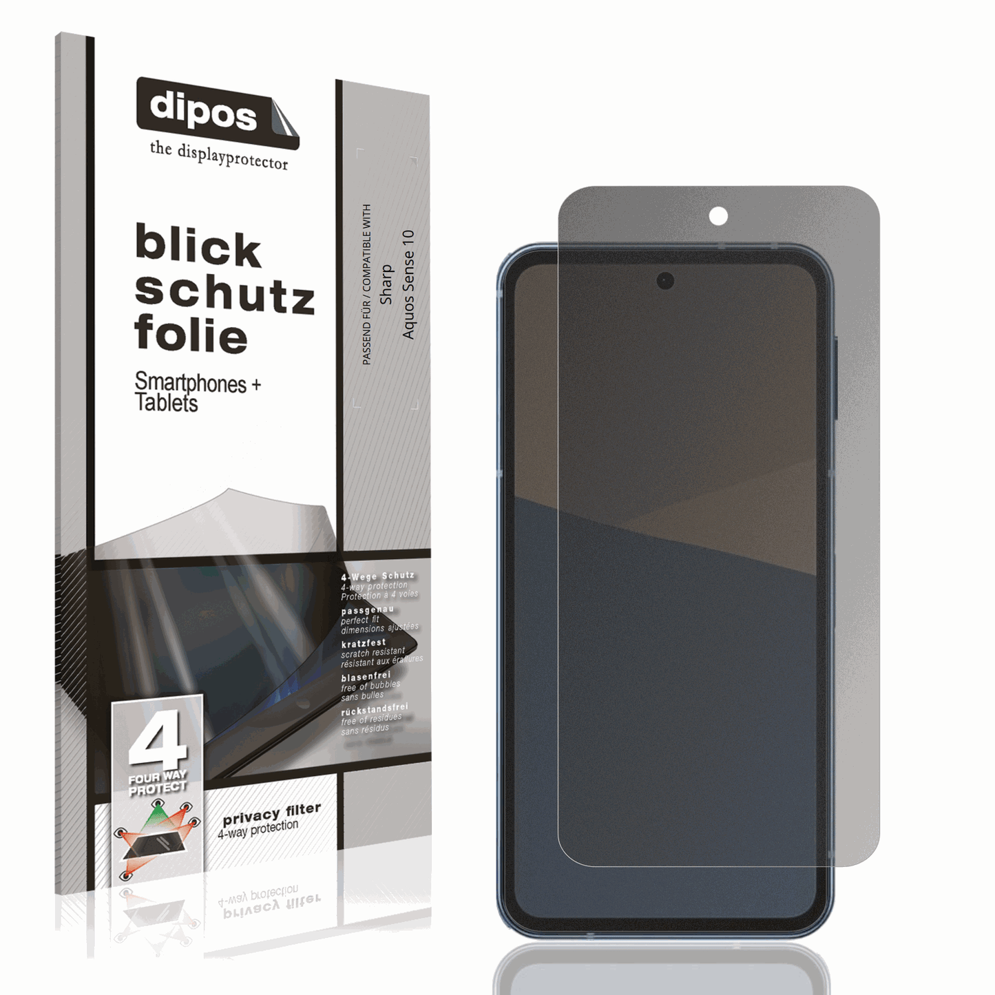 Blickschutzfolie von dipos passend für sharpaquos sense 10, präziser Zuschnitt und blasenfrei montiert