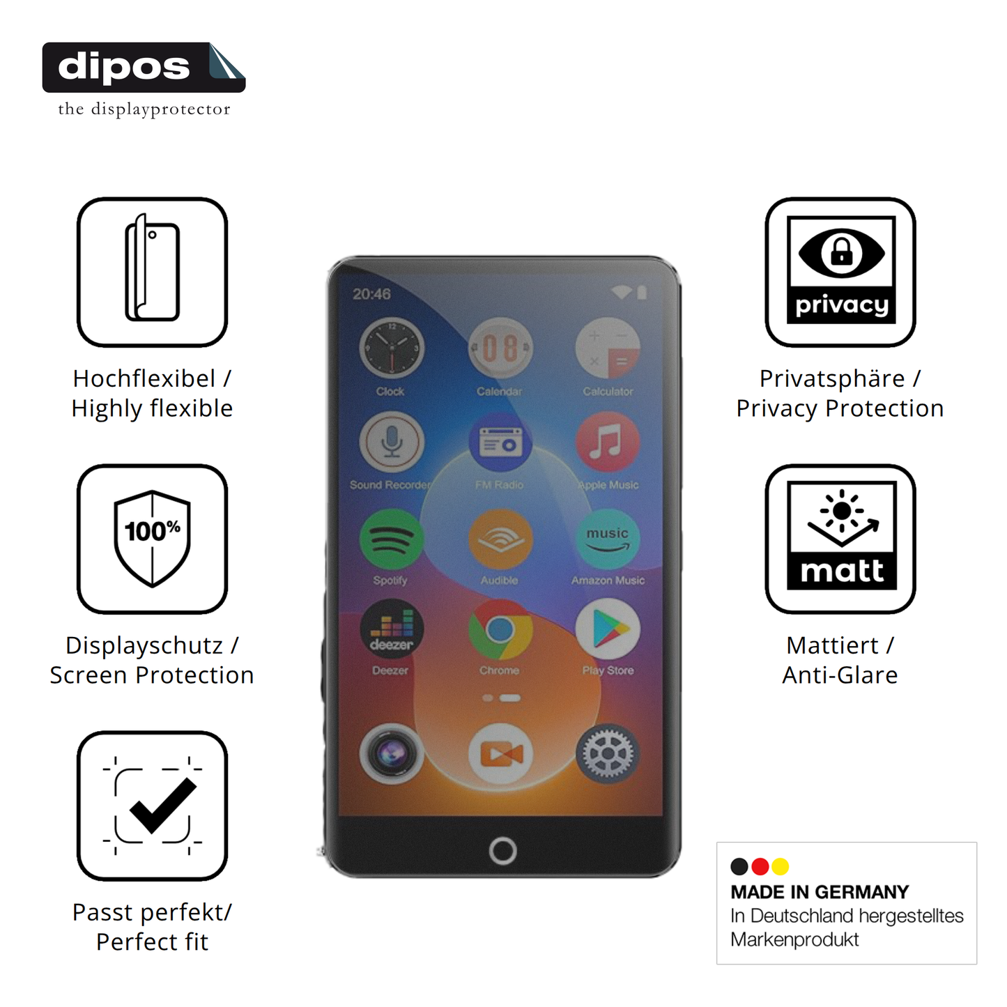 Flexible TPU-Folie passend zugeschnitten für joliker M301 MP3-Player, mit Privatsphäre-Schutz durch Sichtschutz-Folie