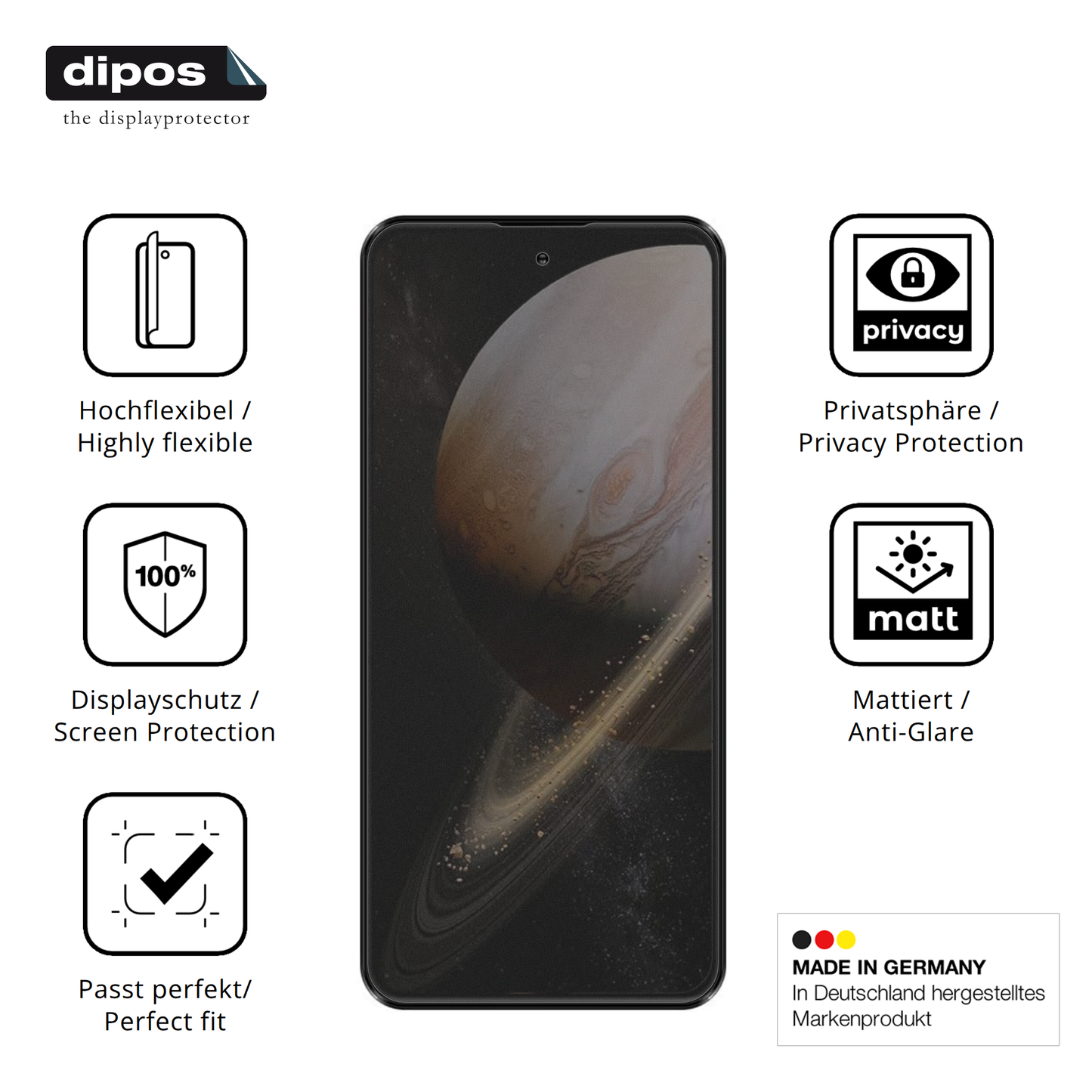 Flexible TPU-Folie passend zugeschnitten für JoyHandy Pova 7 Pro, mit Privatsphäre-Schutz durch Sichtschutz-Folie