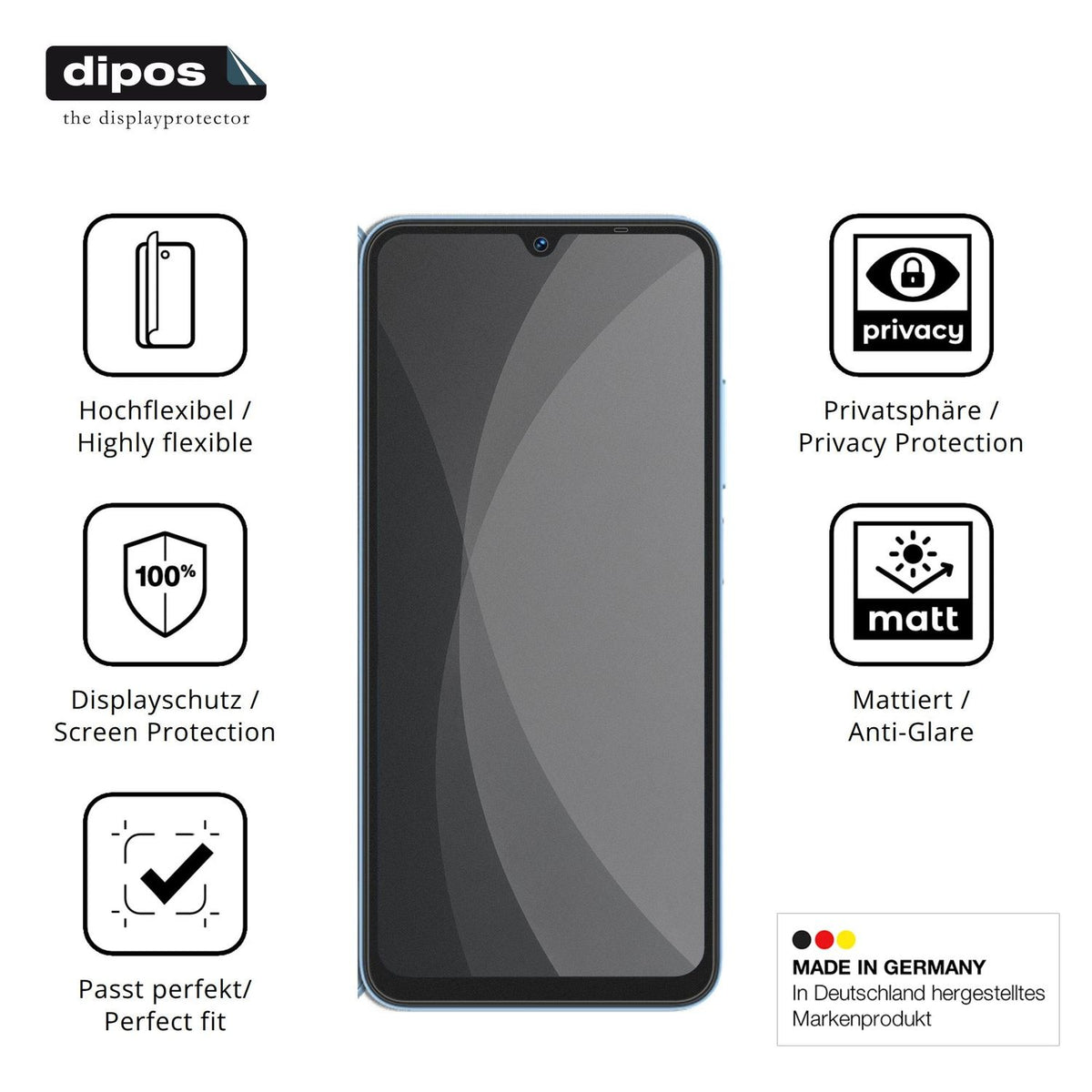 Flexible TPU-Folie passend zugeschnitten für Lagenio A12, mit Privatsphäre-Schutz durch Sichtschutz-Folie
