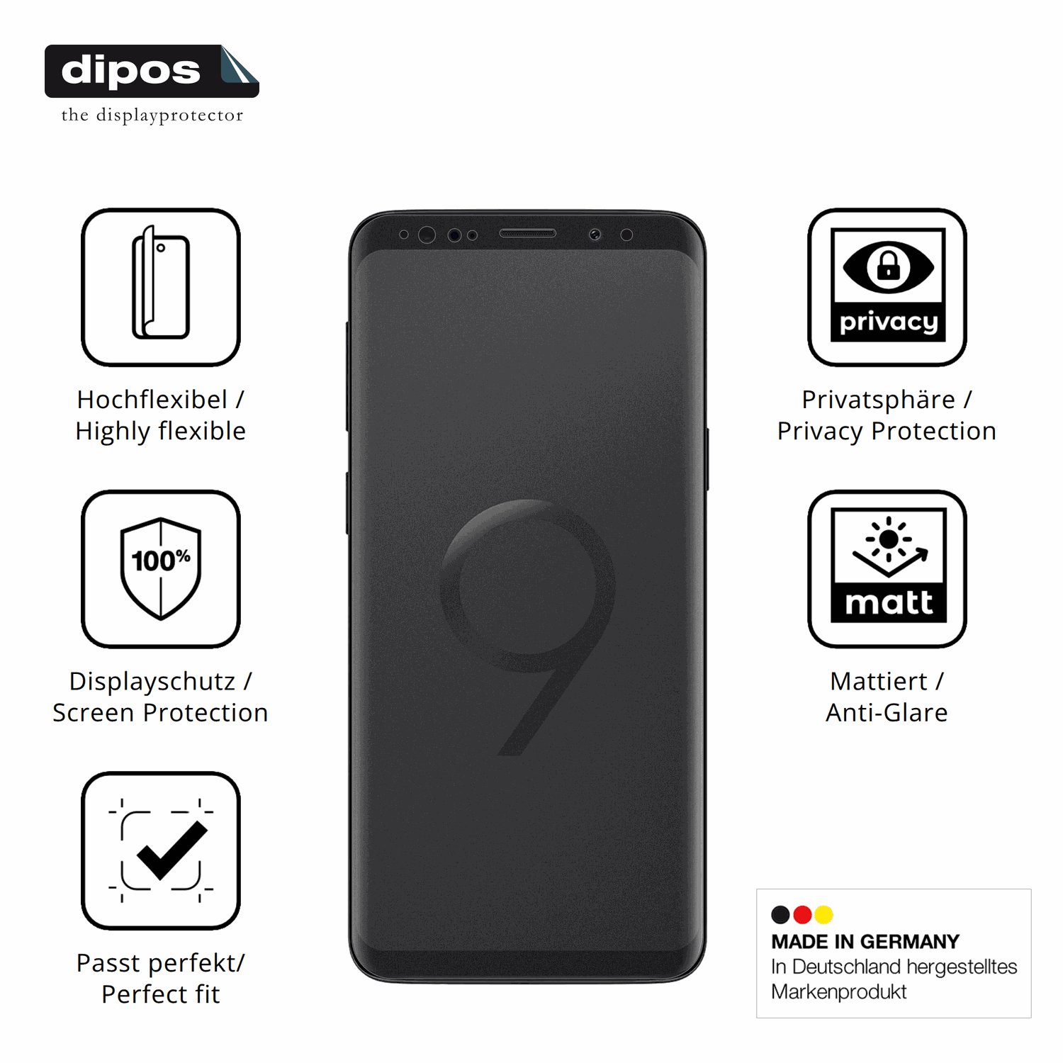 Flexible TPU-Folie passend zugeschnitten für Samsung Galaxy S9, mit Privatsphäre-Schutz durch Sichtschutz-Folie