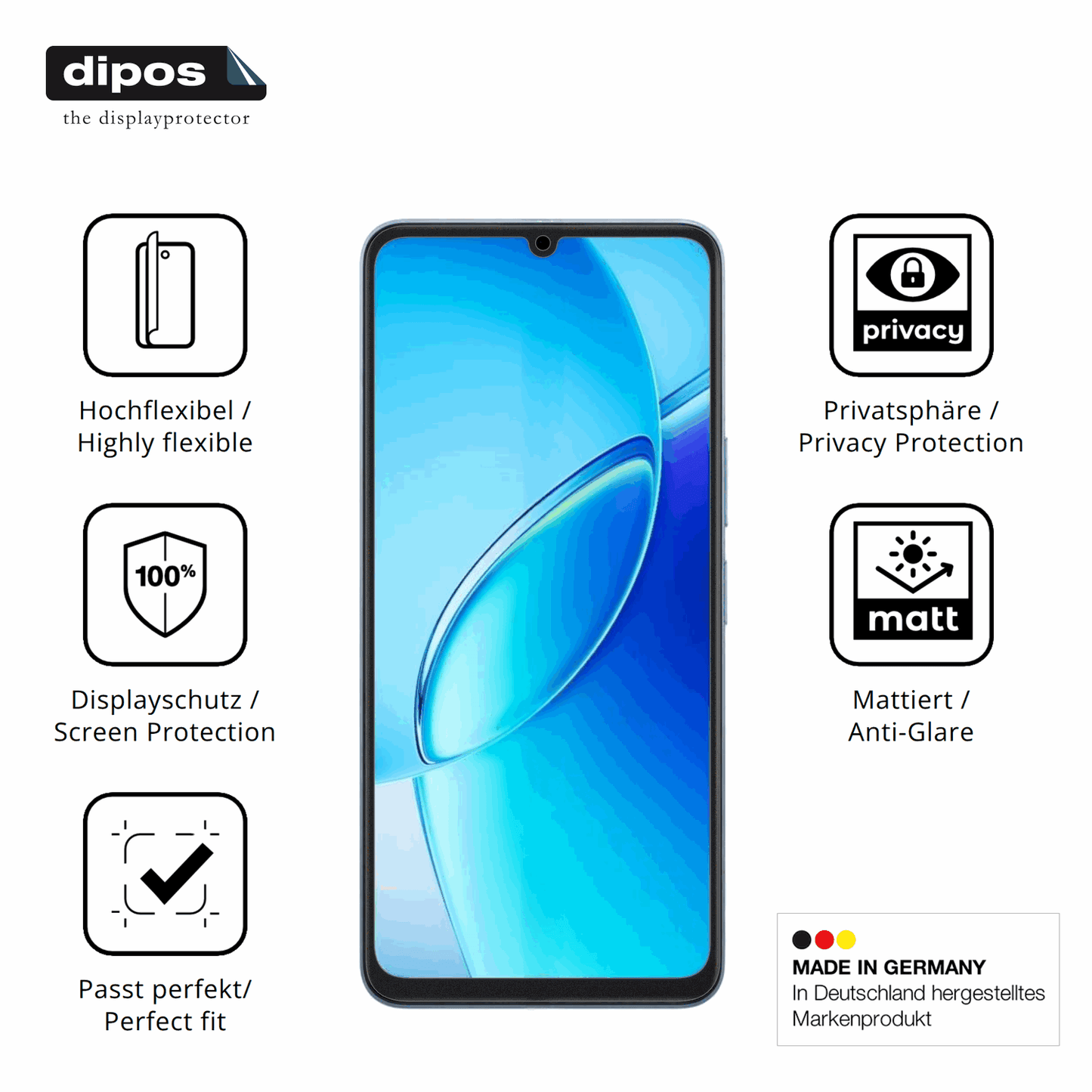 Flexible TPU-Folie passend zugeschnitten für Vivo Y60, mit Privatsphäre-Schutz durch Sichtschutz-Folie