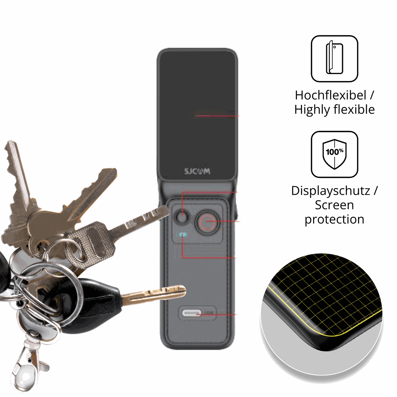 dipos Displayschutz für SJCAM C400, transparente Oberfläche, geringe Dicke und perfekte Passform