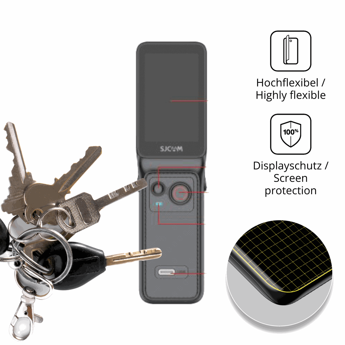 dipos Displayschutz für SJCAM C400, transparente Oberfläche, perfekte Passform auch für die Rundungen