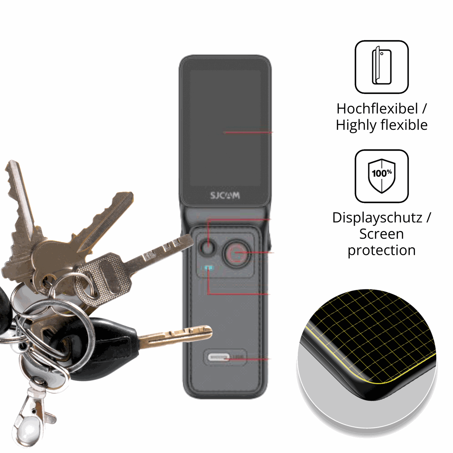 dipos Displayschutz für SJCAM C400, transparente Oberfläche, perfekte Passform auch für die Rundungen