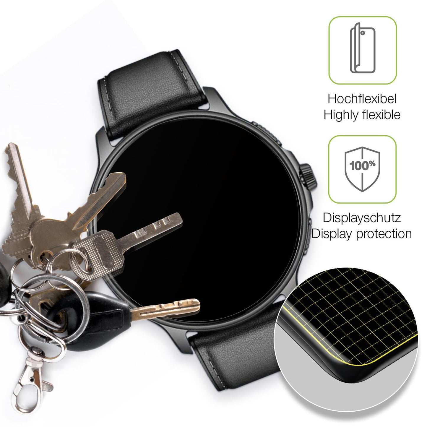 dipos Displayschutz für Smartwatch 28.5mm durchmesser, transparente Oberfläche, perfekte Passform auch für die Rundungen