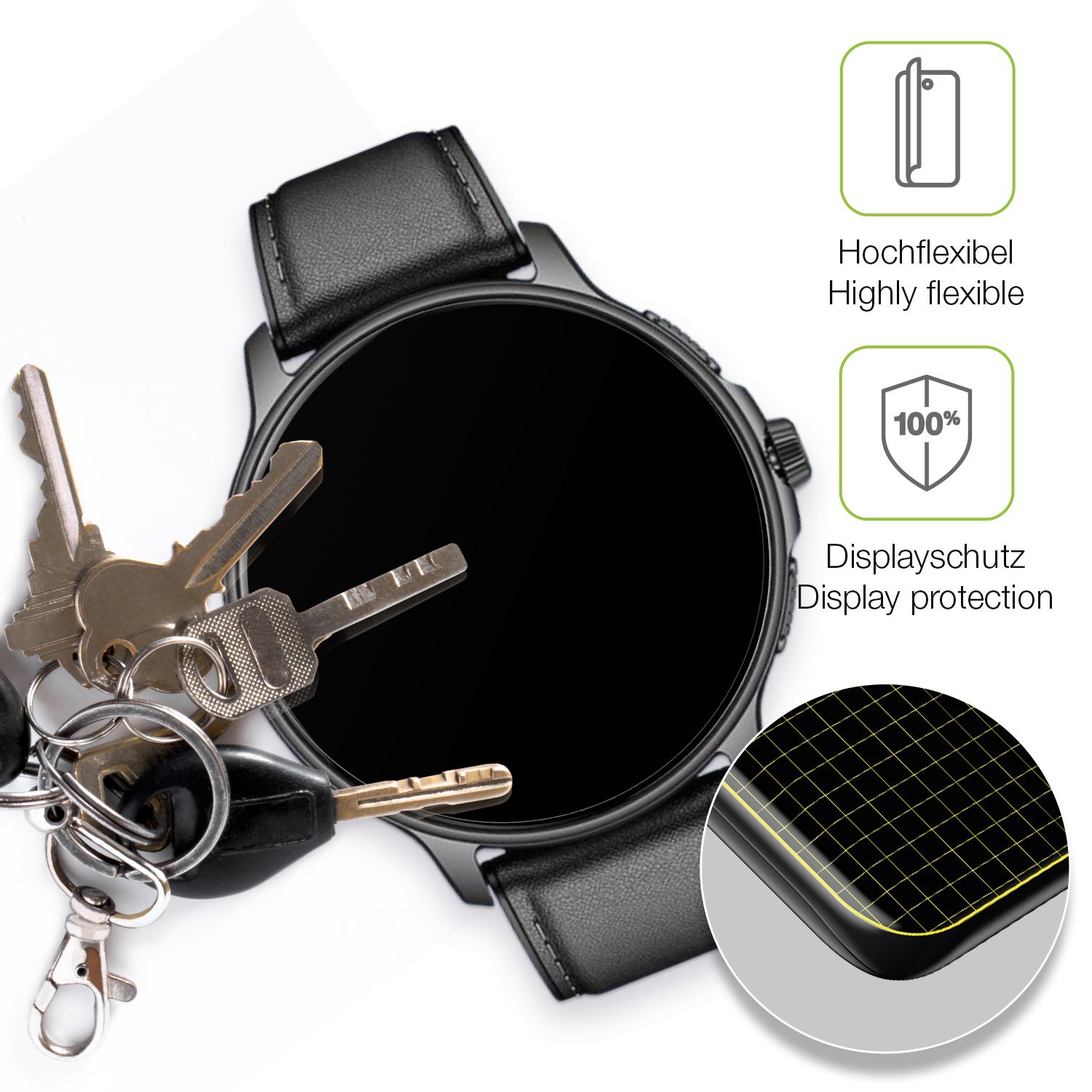 dipos Displayschutz für Smartwatch 28.5mm durchmesser, transparente Oberfläche, perfekte Passform auch für die Rundungen