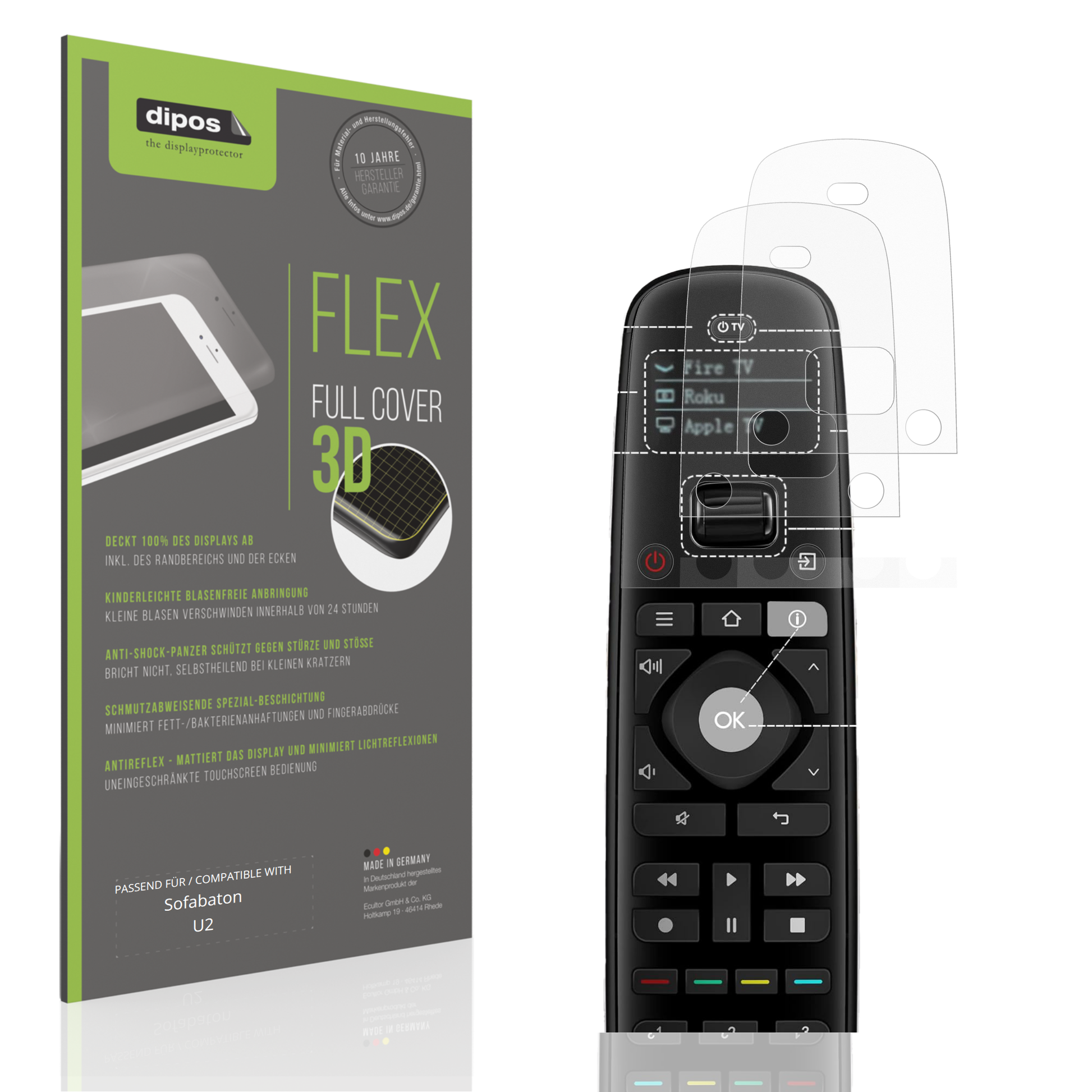 Matte Displayschutzfolie von dipos passend für Sofabaton U2, 100% Displayabdeckung und blasenfreie Montage