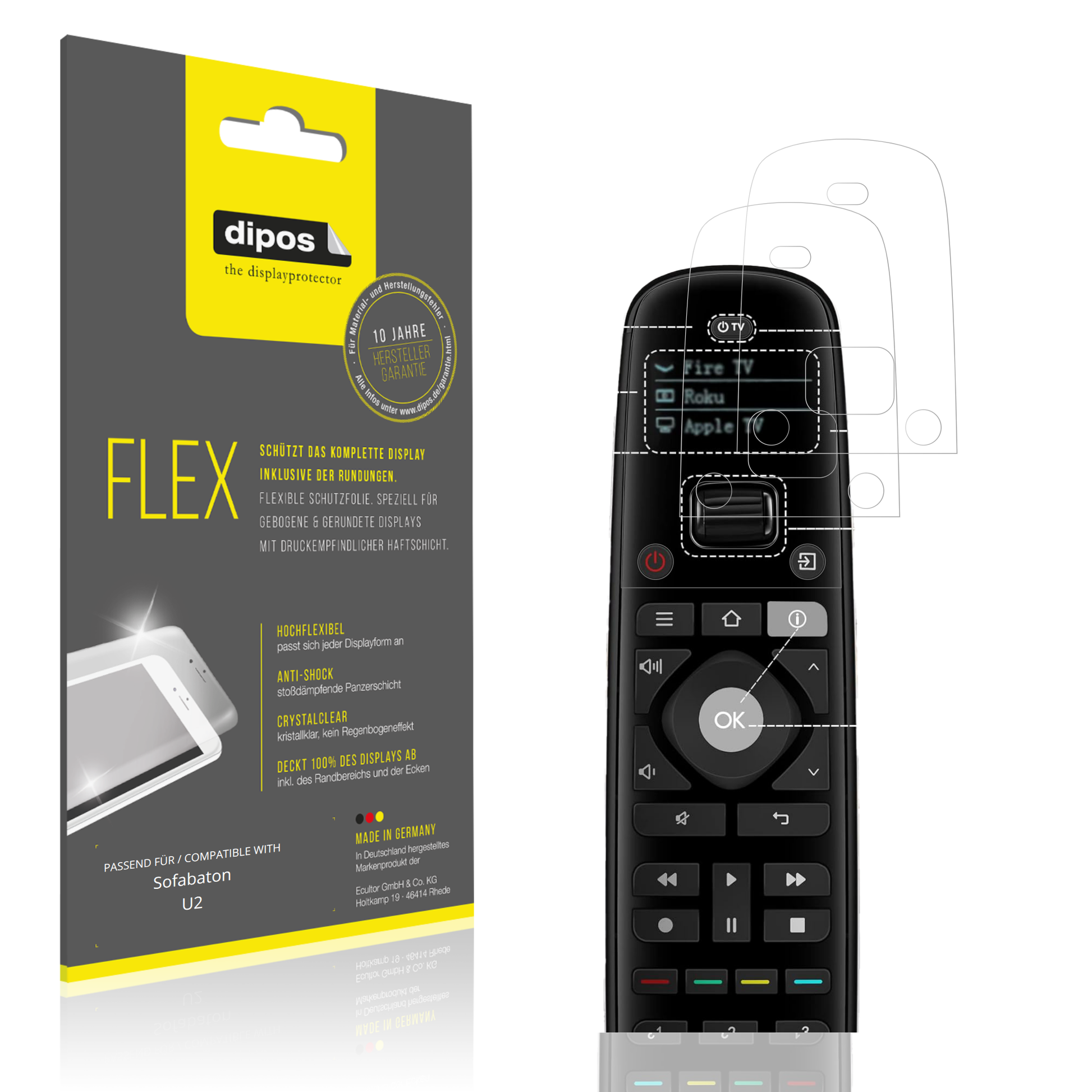 Klare Displayschutzfolie von dipos passend für Sofabaton U2, 100% Displayabdeckung und blasenfreie Montage