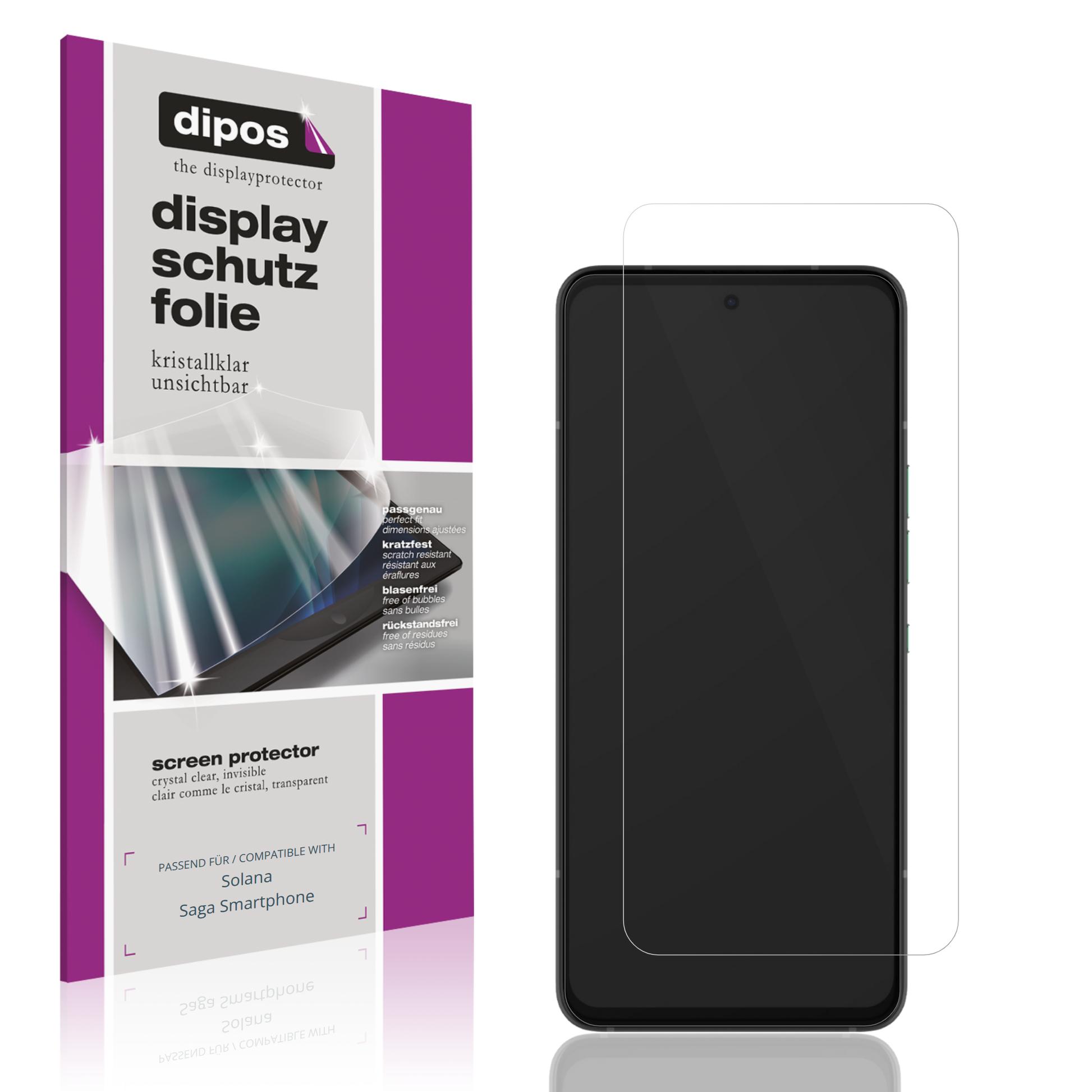 Klare Displayschutzfolie von dipos passend für Solana Saga Smartphone, präziser Zuschnitt und blasenfrei montiert