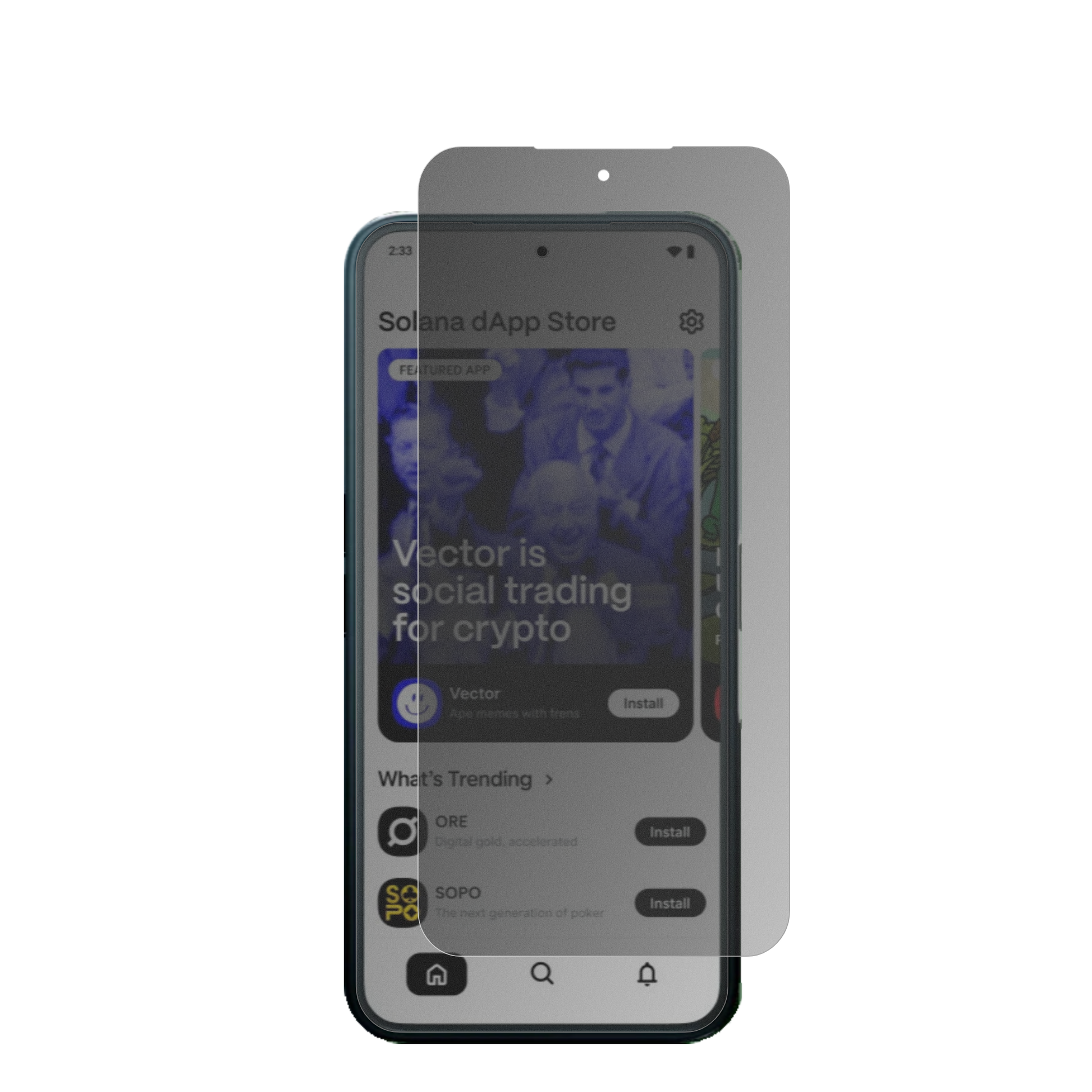 SolanaSaga Smartphone Seeker mit aufgebrachter dipos Flex Schutzfolie, die seitliche Einblicke blockiert