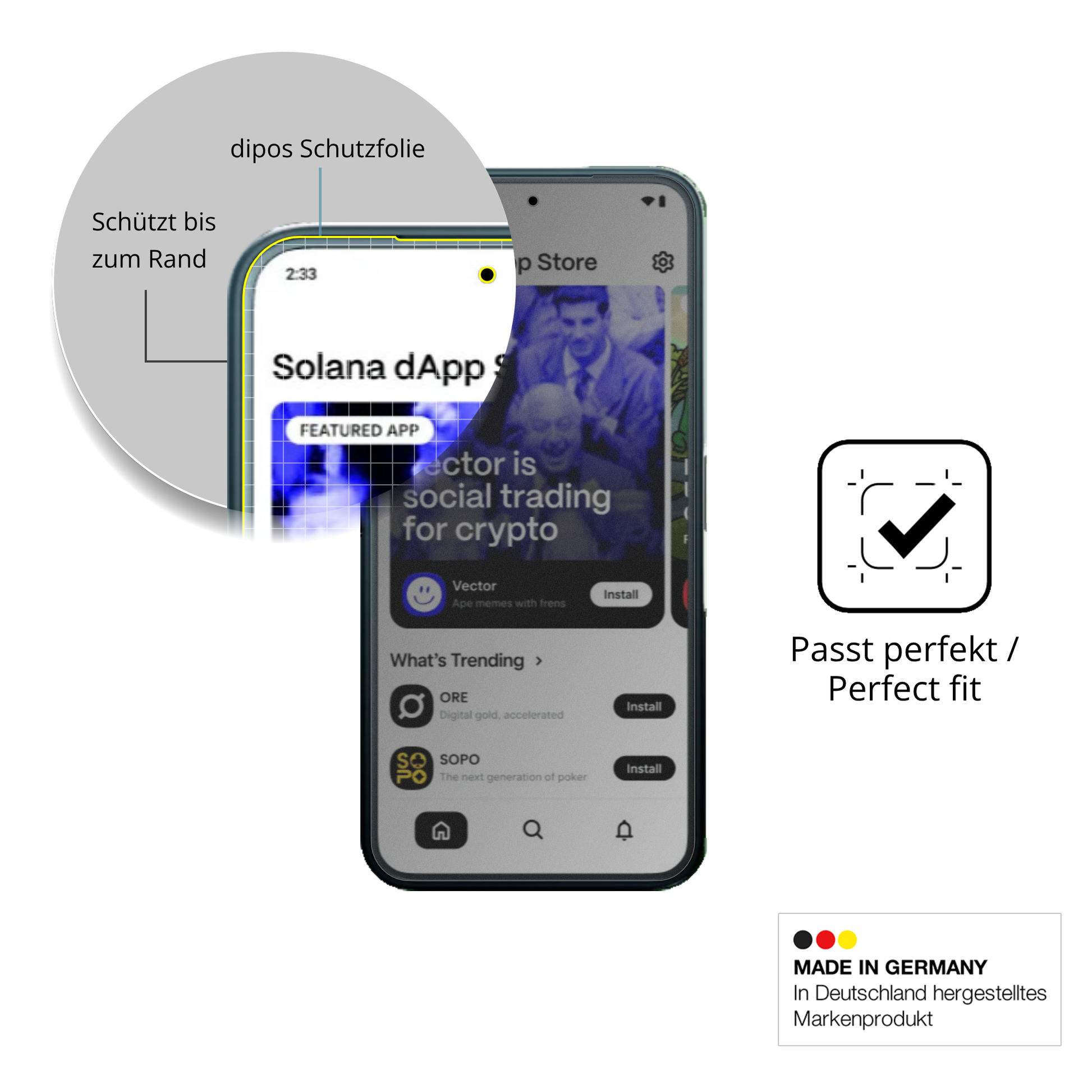 Schutz gegen Kratzer auf dem Solana Saga Smartphone Seeker Glas durch Schlüssel, Stöße gegen die Tischkante oder Stürze