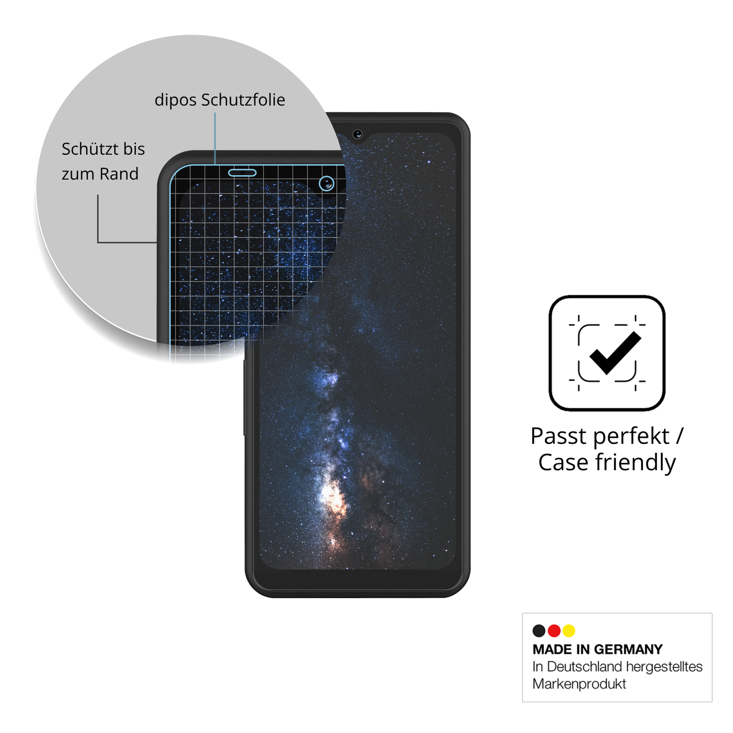 Schutzglasfolie mit optimaler Passform, zur Verwendung mit Hüllen geeignet