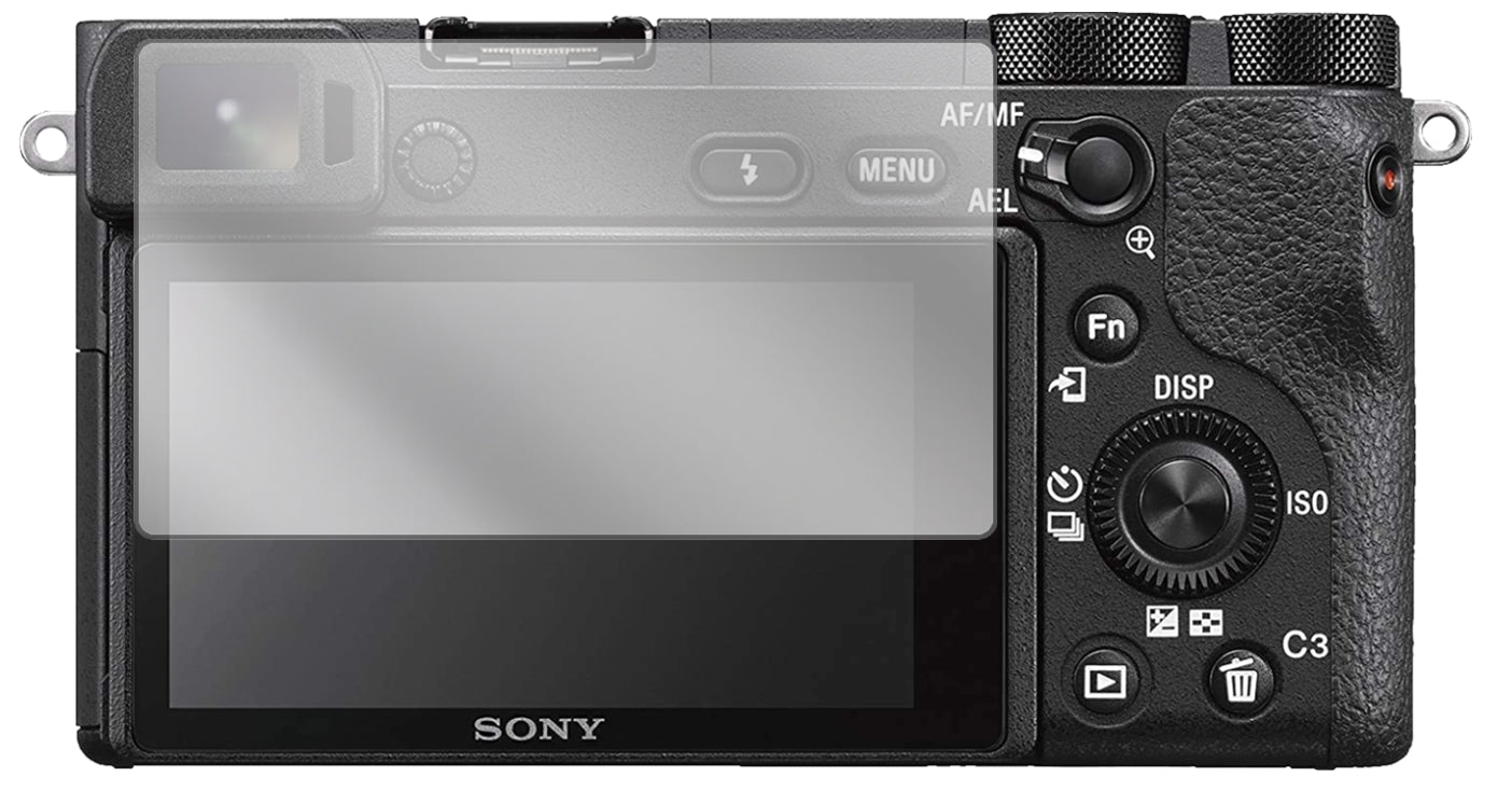 SonyAlpha 6600 mit aufgebrachter dipos Displayschutzfolie, glasklare Darstellung ohne Einschränkungen
