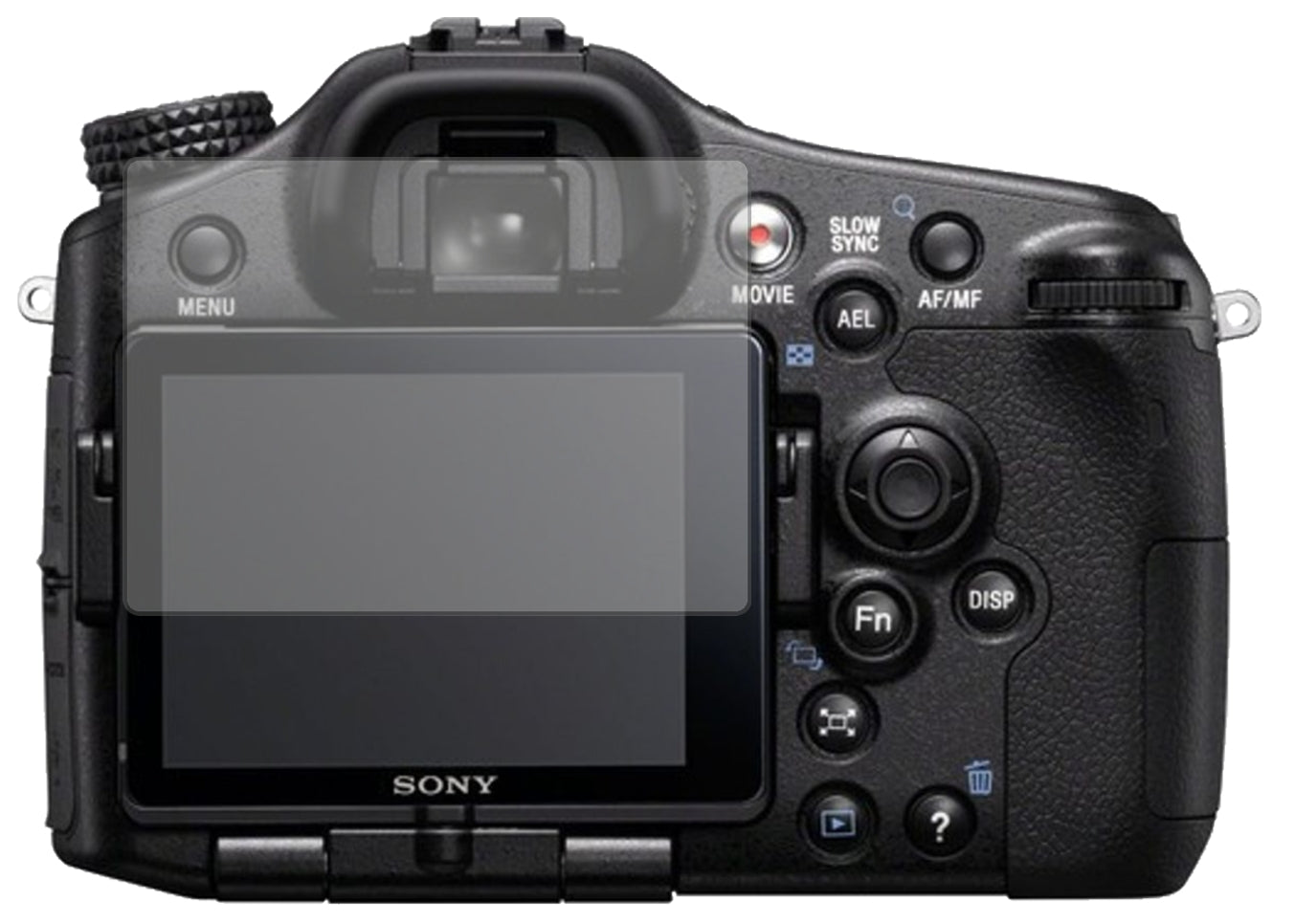 SonyAlpha 77 V mit aufgebrachter dipos Displayschutzfolie, die lästige Fingerabdrücke minimiert