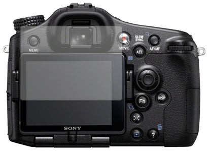 SonyAlpha 77 V mit aufgebrachter dipos Displayschutzfolie, die lästige Fingerabdrücke minimiert