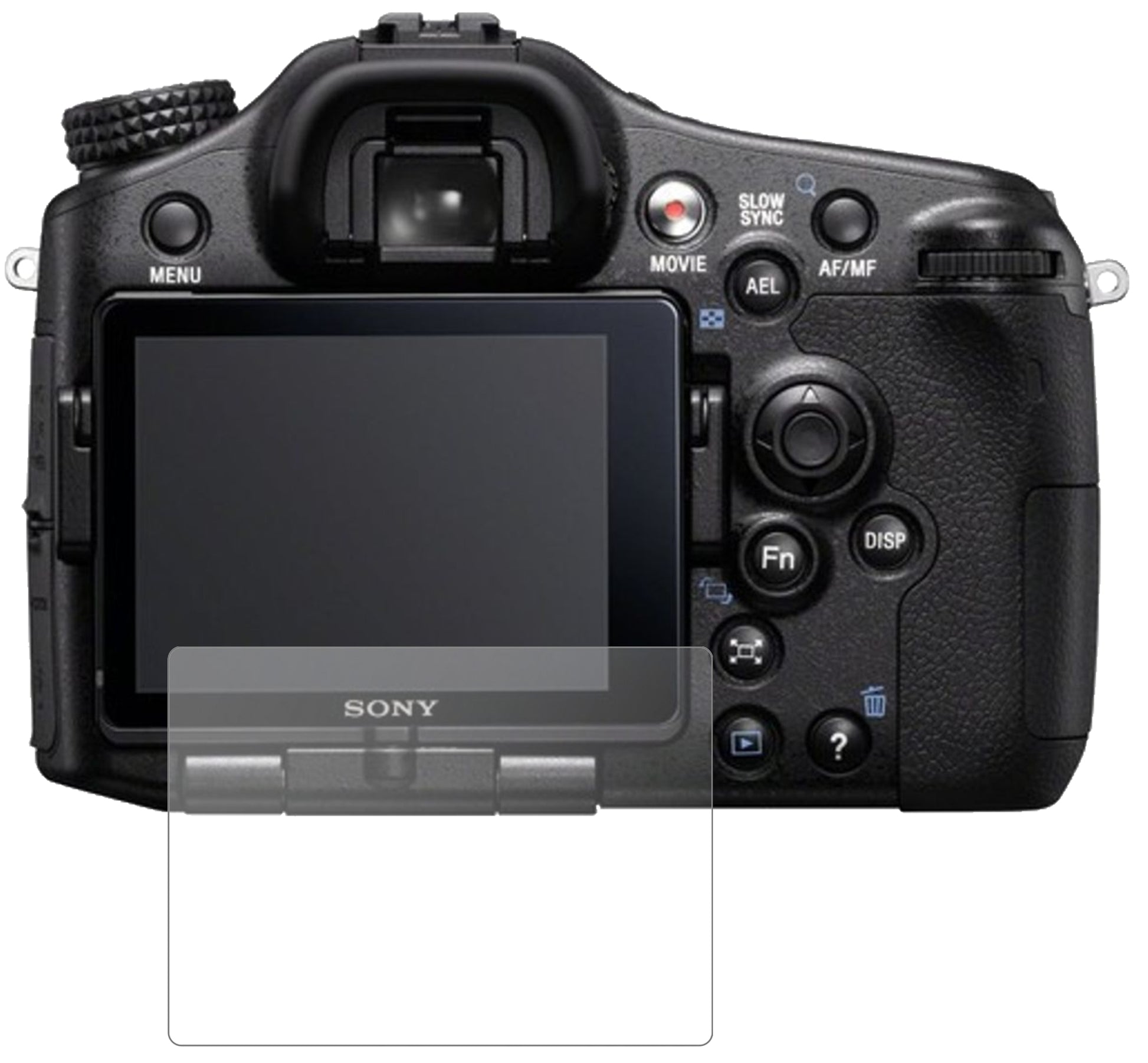 SonyAlpha 77 V mit aufgebrachter dipos Panzerfolie, die lästige Fingerabdrücke minimiert