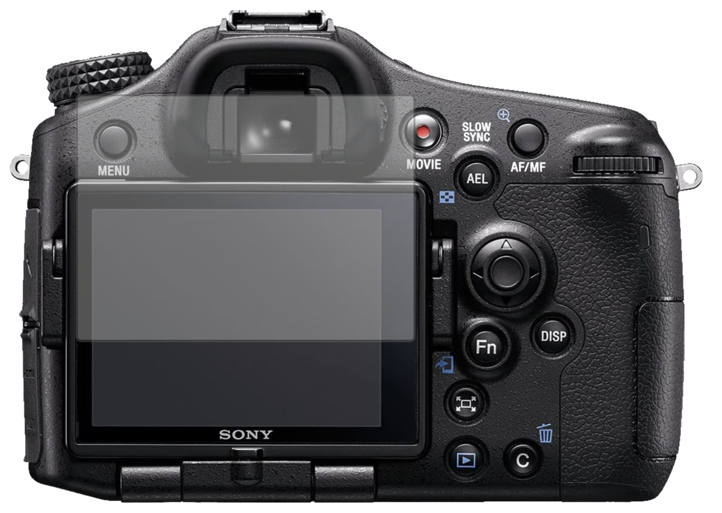 SonyAlpha 77 II mit aufgebrachter dipos Displayschutzfolie, die lästige Fingerabdrücke minimiert