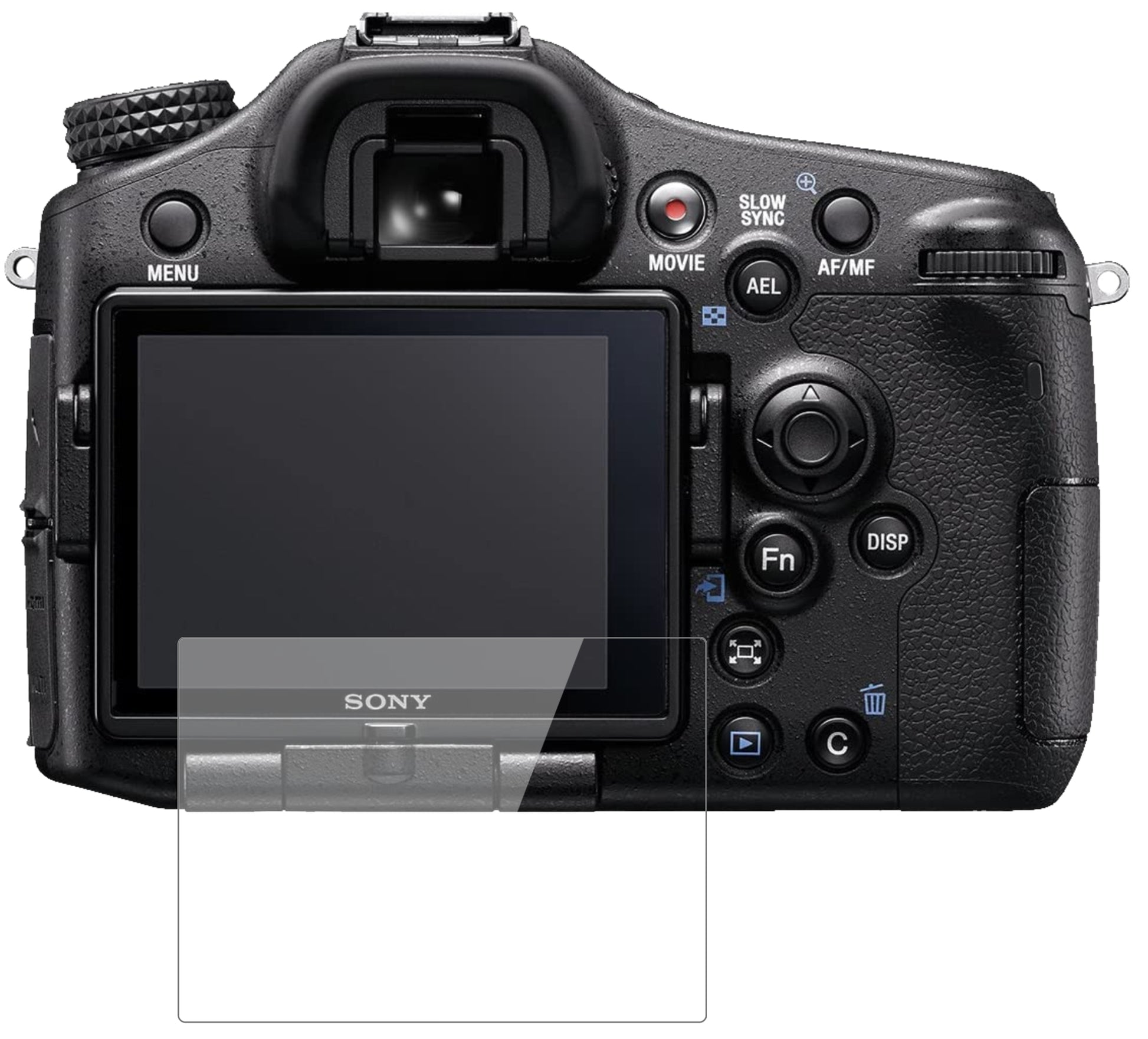 SonyAlpha 77 II mit aufgebrachter dipos Flex Schutzfolie, glasklare Darstellung ohne Einschränkungen