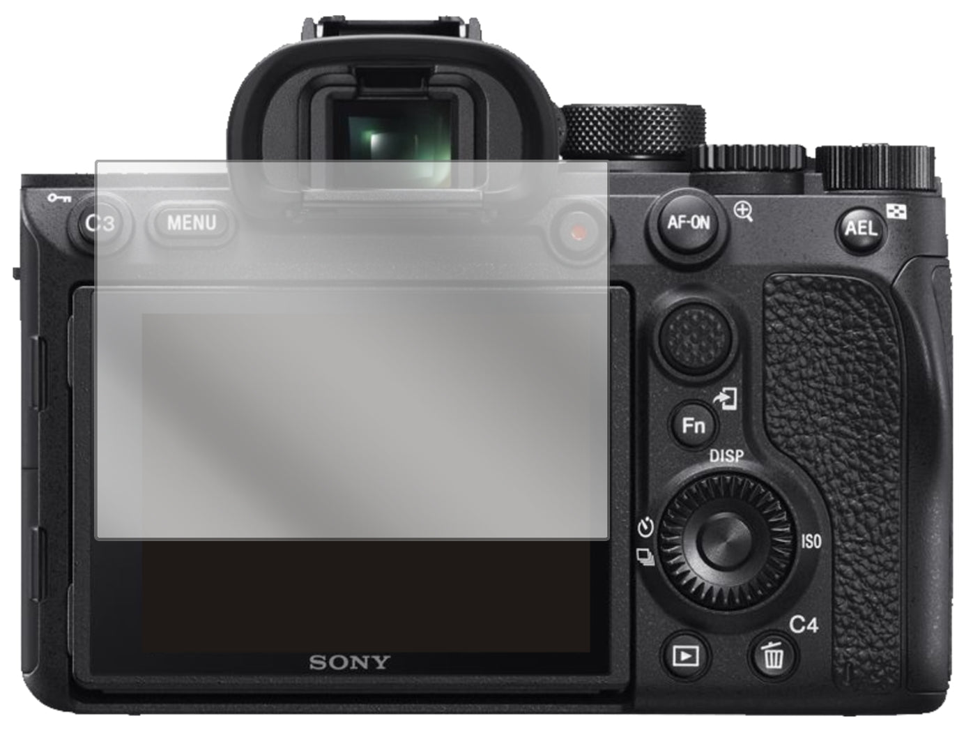 SonyAlpha 7 IV mit aufgebrachter dipos Displayschutzfolie, glasklare Darstellung ohne Einschränkungen