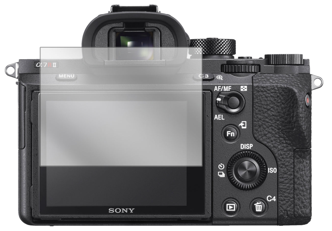 SonyAlpha 7R II mit aufgebrachter dipos Displayschutzfolie, glasklare Darstellung ohne Einschränkungen