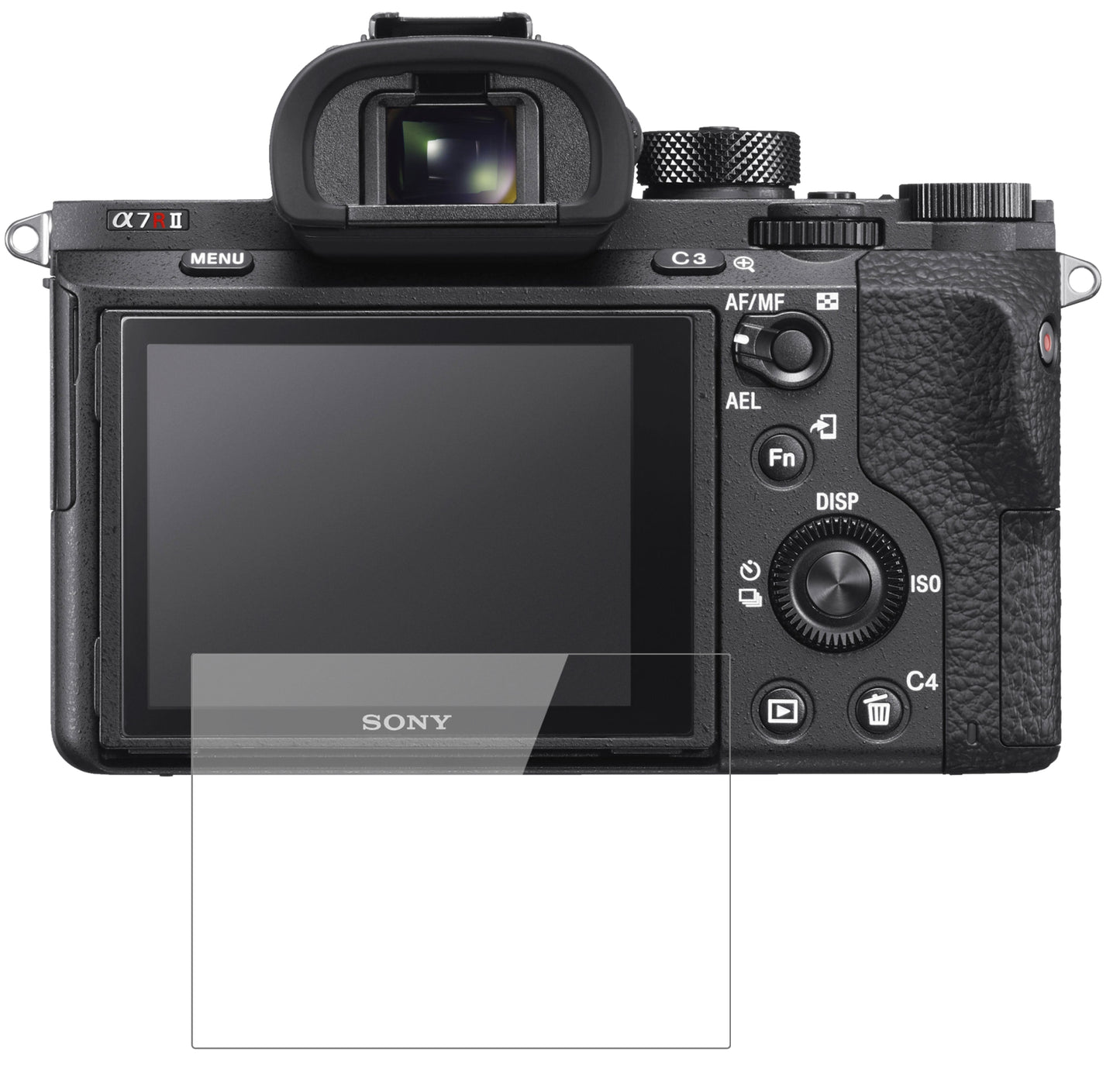 SonyAlpha 7R II mit aufgebrachter dipos Flex Schutzfolie, glasklare Darstellung ohne Einschränkungen