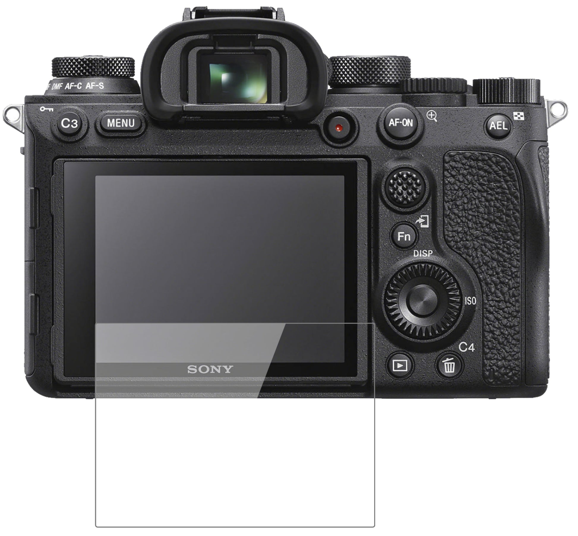 SonyAlpha 7 mit aufgebrachter dipos Flex Schutzfolie, glasklare Darstellung ohne Einschränkungen