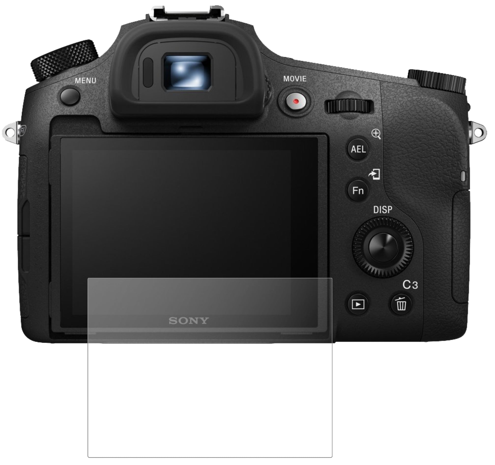 SonyCyber-Shot DSC-RX10 II mit aufgebrachter dipos Panzerfolie, die lästige Fingerabdrücke minimiert