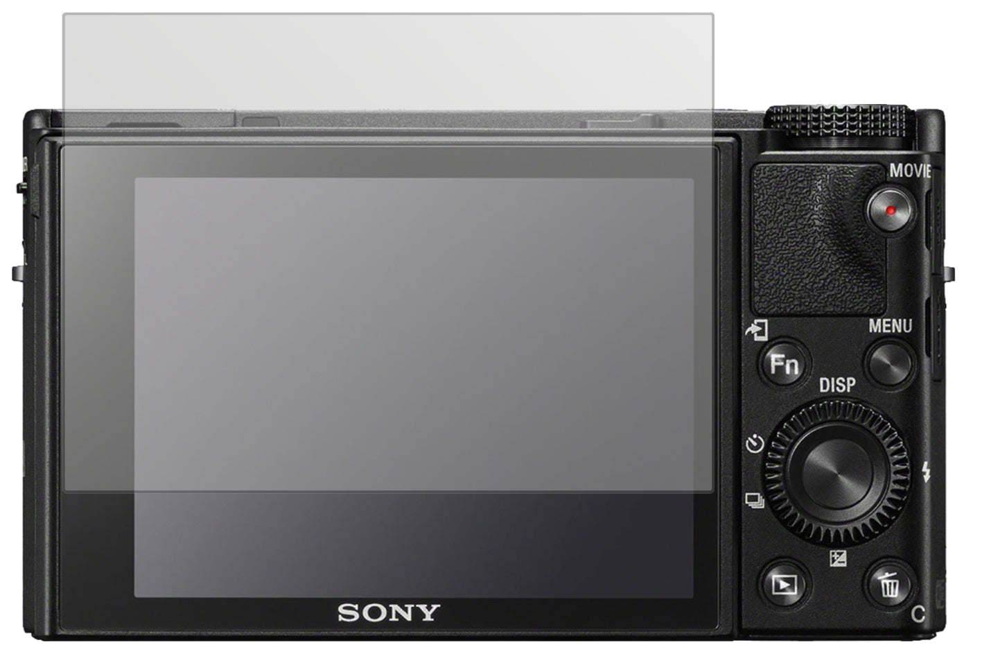 SonyCyber-Shot DSC-RX100 mit aufgebrachter dipos Displayschutzfolie, die lästige Fingerabdrücke minimiert