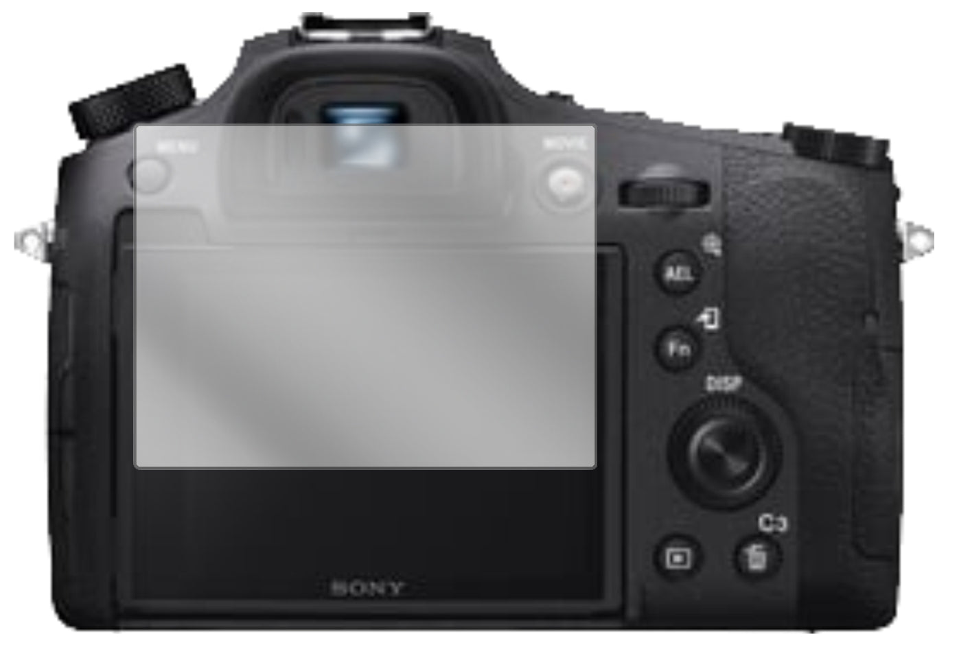 SonyCyber-Shot DSC-RX10 IV mit aufgebrachter dipos Displayschutzfolie, glasklare Darstellung ohne Einschränkungen