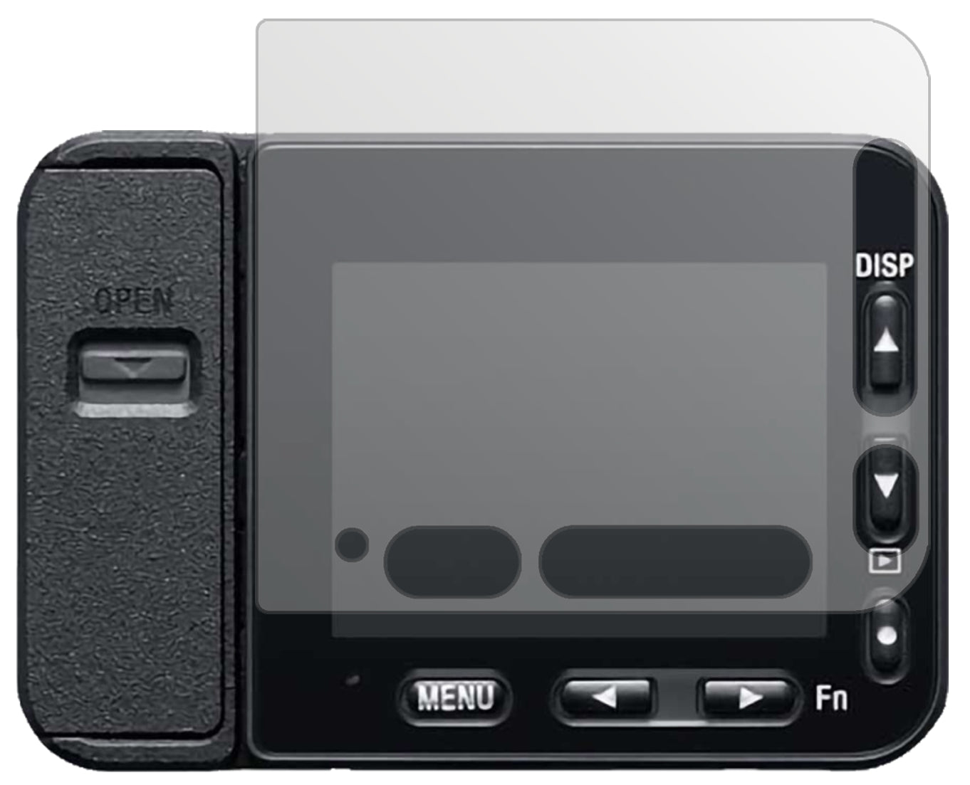 SonyDSC-RX0 II mit aufgebrachter dipos Displayschutzfolie, die lästige Fingerabdrücke minimiert