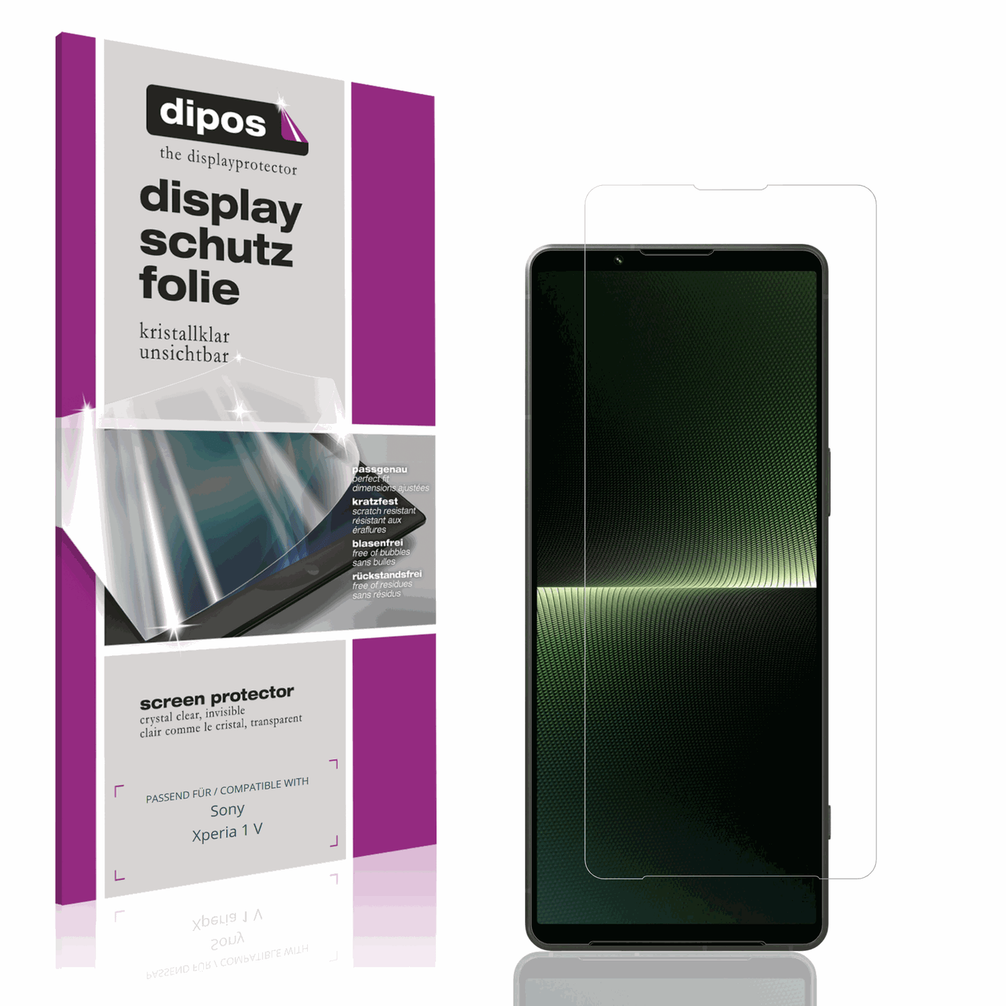 Klare Displayschutzfolie von dipos passend für Sony Xperia 1 V, präziser Zuschnitt und blasenfrei montiert