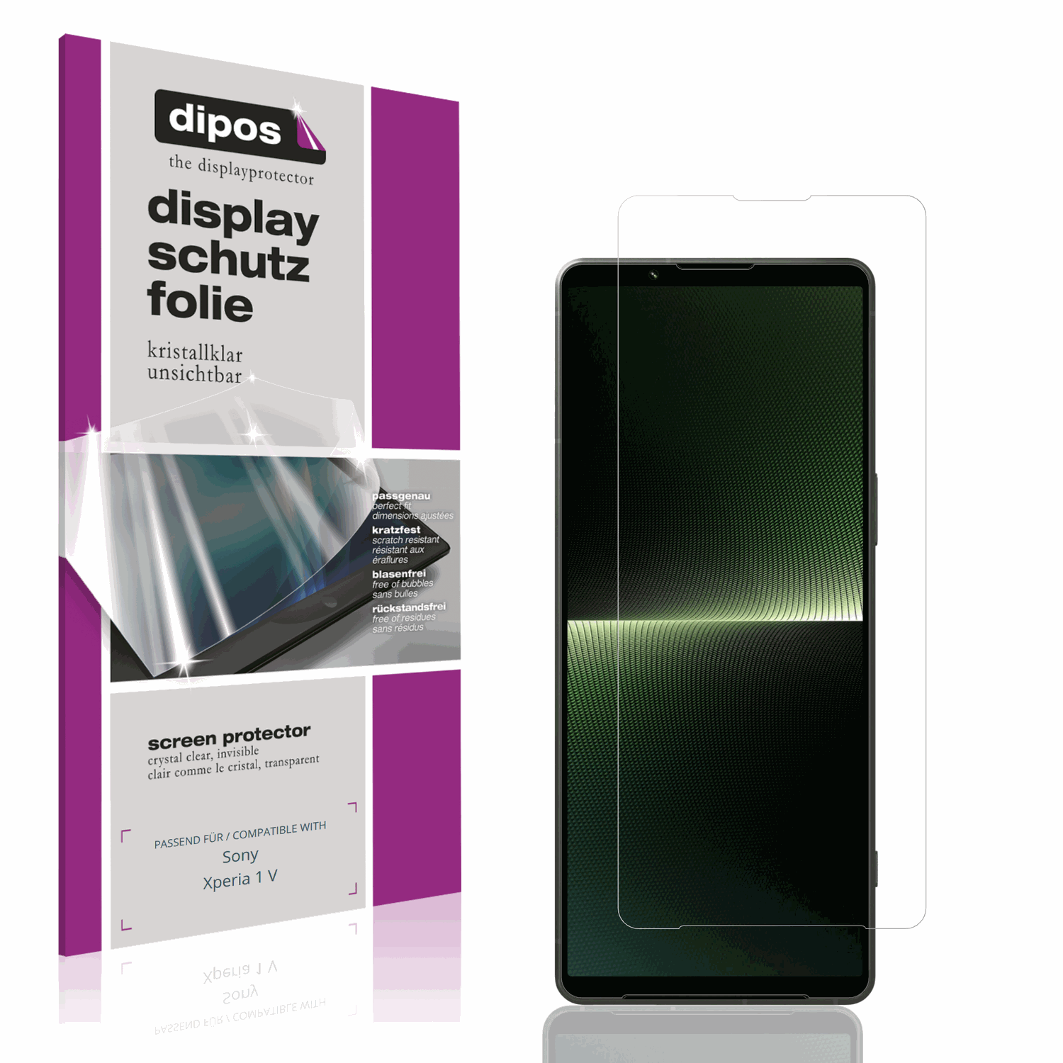 Klare Displayschutzfolie von dipos passend für Sony Xperia 1 V, präziser Zuschnitt und blasenfrei montiert