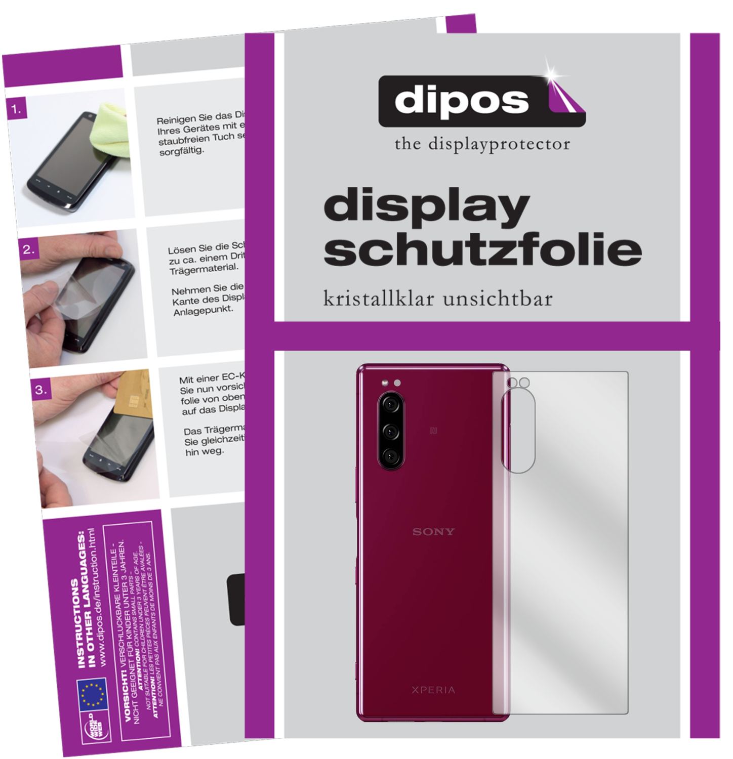 Klare Displayschutzfolie von dipos passend für Sony Xperia 5 Rückseite, präziser Zuschnitt und blasenfrei montiert