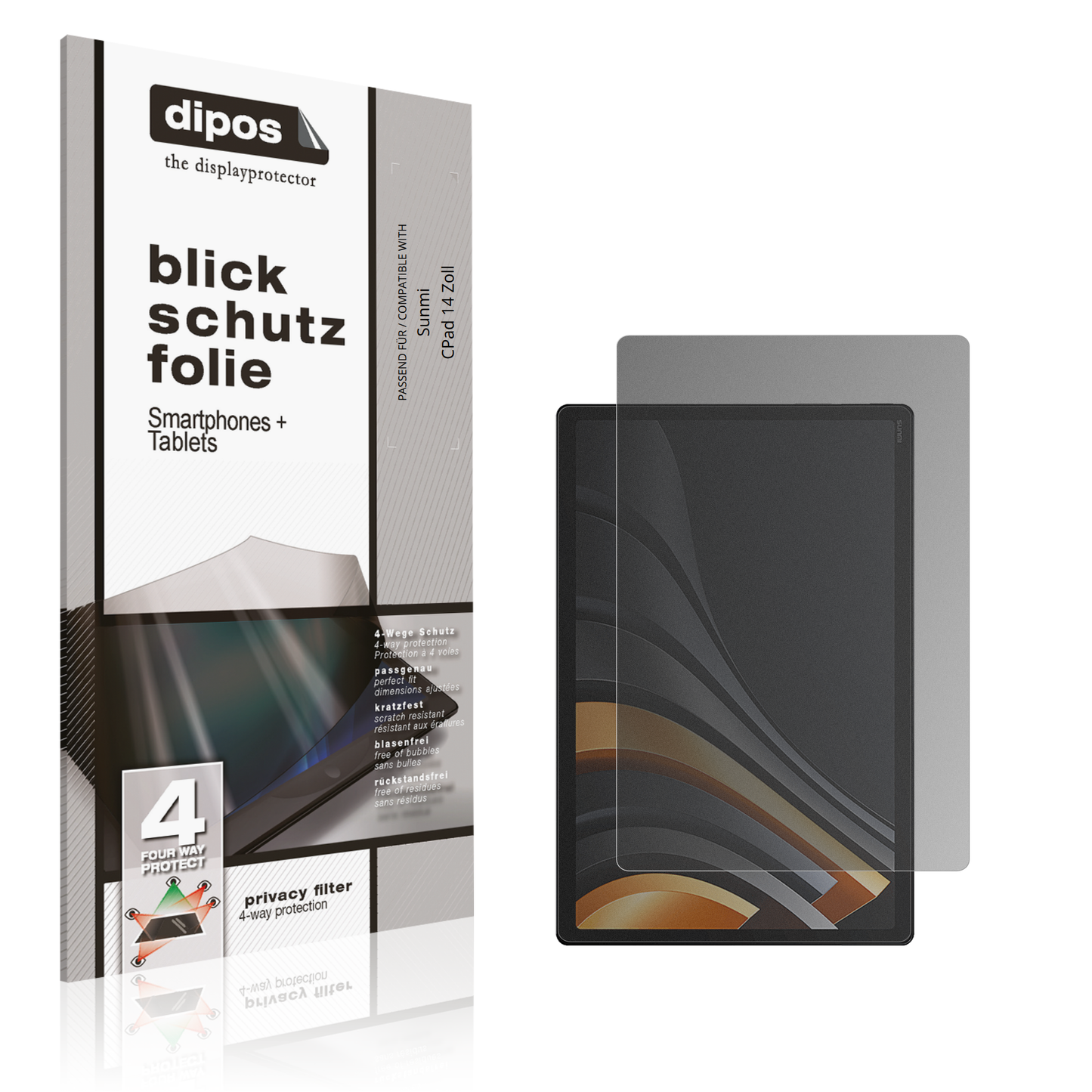 Blickschutzfolie von dipos passend für Sunmi CPad 14 Zoll, präziser Zuschnitt und blasenfrei montiert