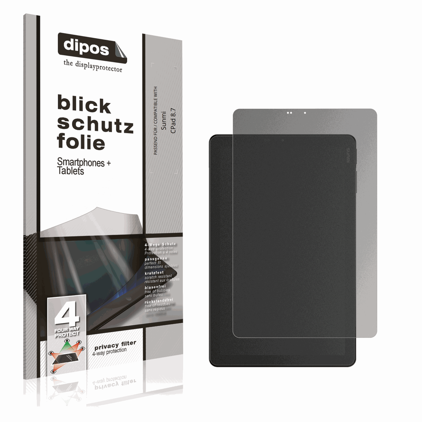 Blickschutzfolie von dipos passend für Sunmi CPad 8.7, präziser Zuschnitt und blasenfrei montiert