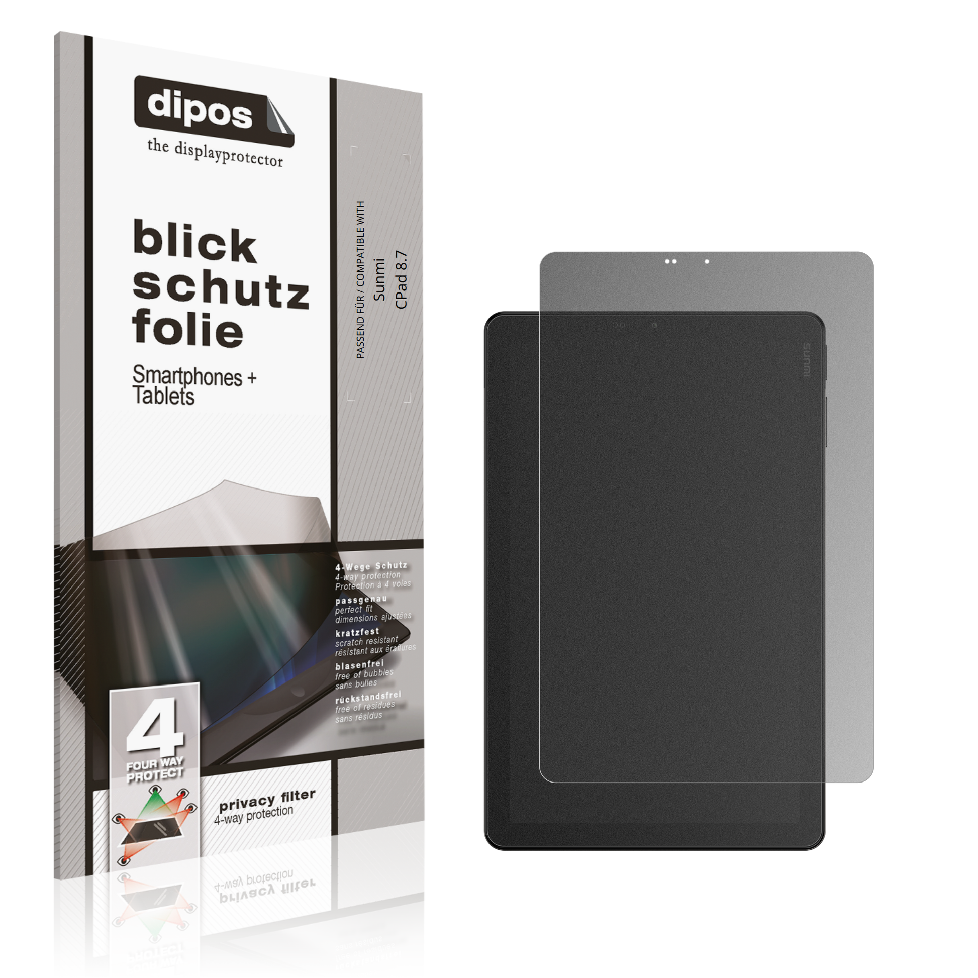 Blickschutzfolie von dipos passend für Sunmi CPad 8.7, präziser Zuschnitt und blasenfrei montiert
