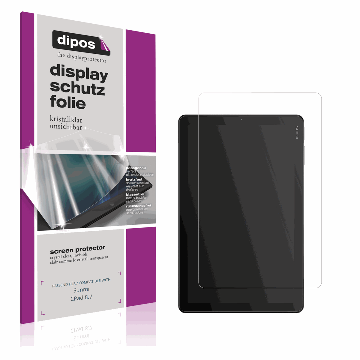 Klare Displayschutzfolie von dipos passend für Sunmi CPad 8.7, präziser Zuschnitt und blasenfrei montiert